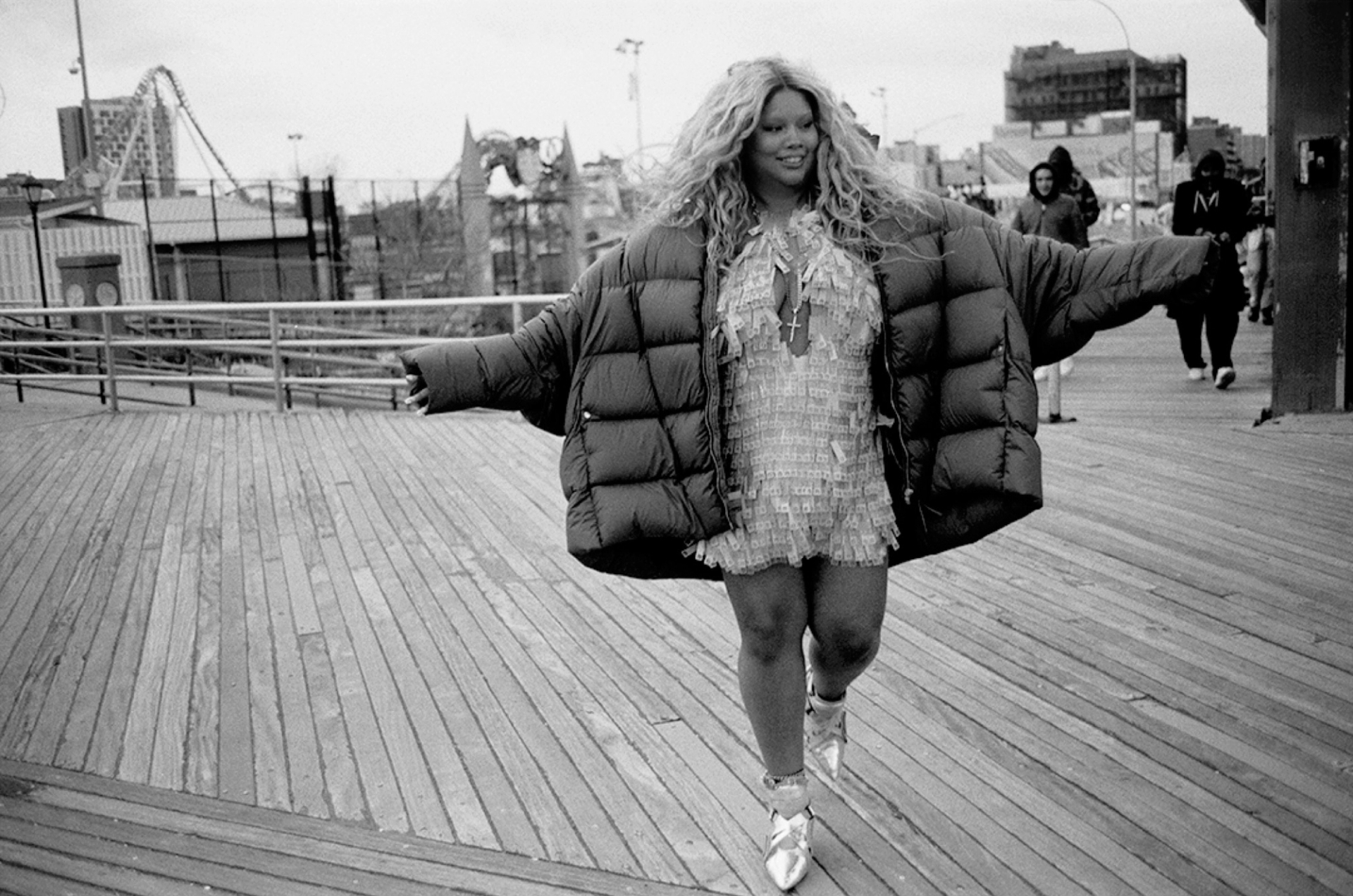 jacket RICK OWENS; dress BARRAGÁN; shoes HOOD BY AIR; necklace AVERAGE CITIZEN; anklet DIOR ARCHIVES