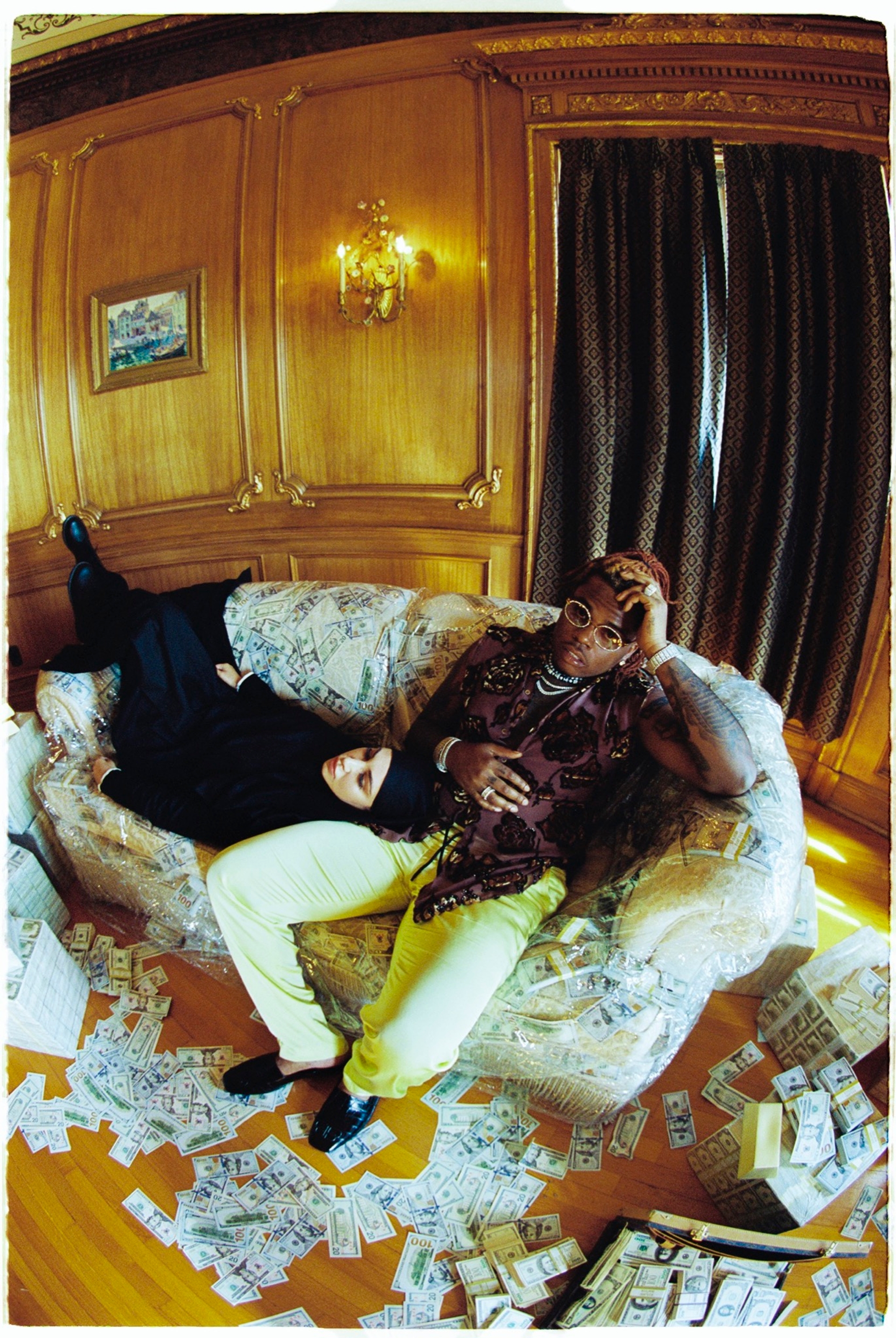 Gunna wears Dries Van Noten shirt and pants, Balenciaga slippers.