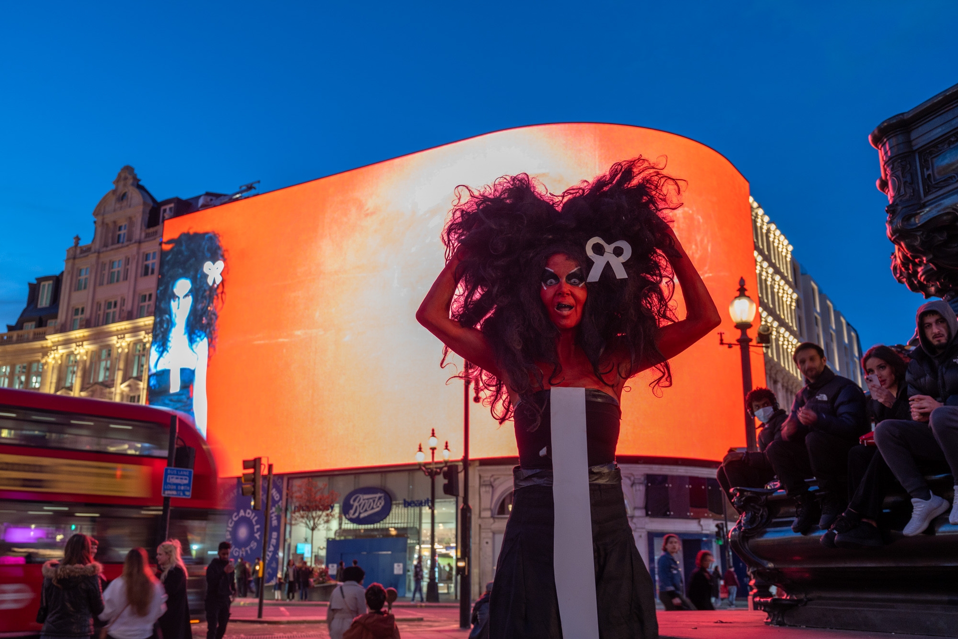 Kembra Pfahler, live performance at Piccadilly Lights © CIRCA. Courtesy of CIRCA and Kembra Pfahler. Photo: Rosie Feather.