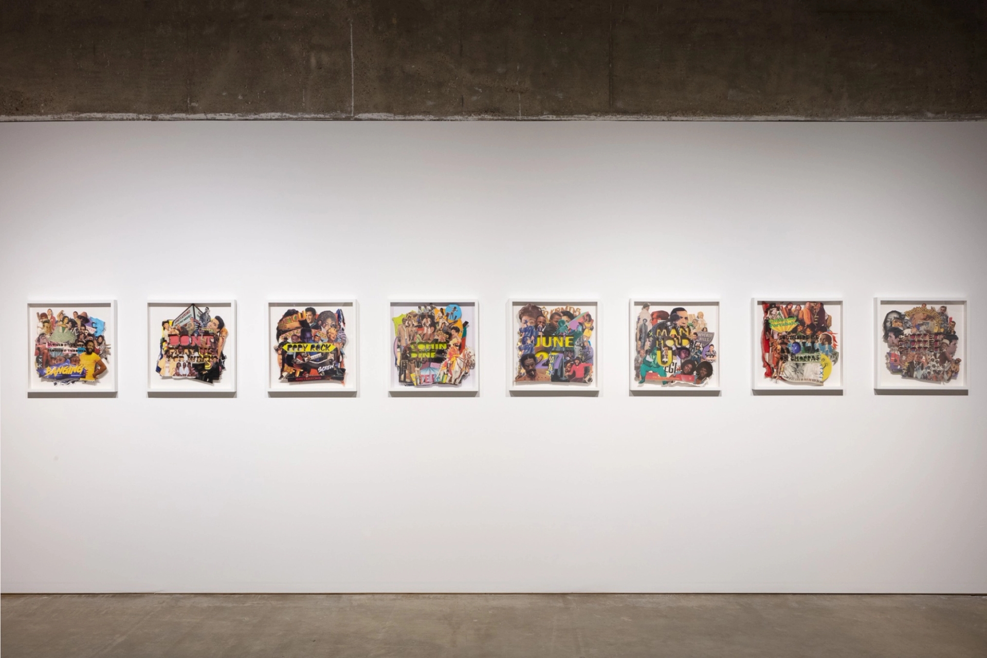Mixed media collages by Robert Hodge, in "Slowed and Throwed: Records of the City through Mutated Lenses," installation view. Photo: Emily Peacock, 2020; courtesy of the Contemporary Art Museum of Houston (CAMH)