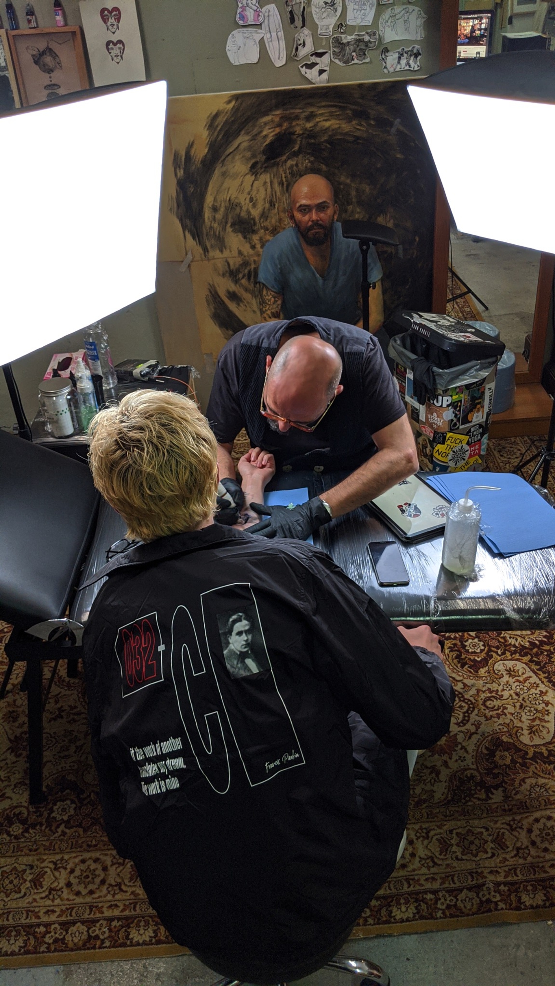 Alastair wears the 032c LoveSexDreams "Picabia" coach jacket.