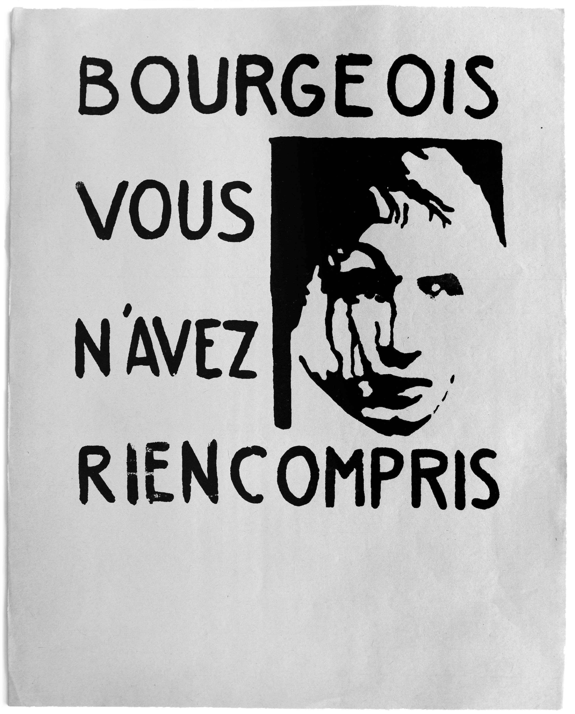 The insurgents' inner perspective of revolt counteracts the claim to create identity by crossing out all faces or by abstracting the singular face. The acting person becomes generic and thus stands for the revolutionary subject. 

Silkscreen poster, Atelier Populaire, Paris May 1968, inspired by the Situationists.