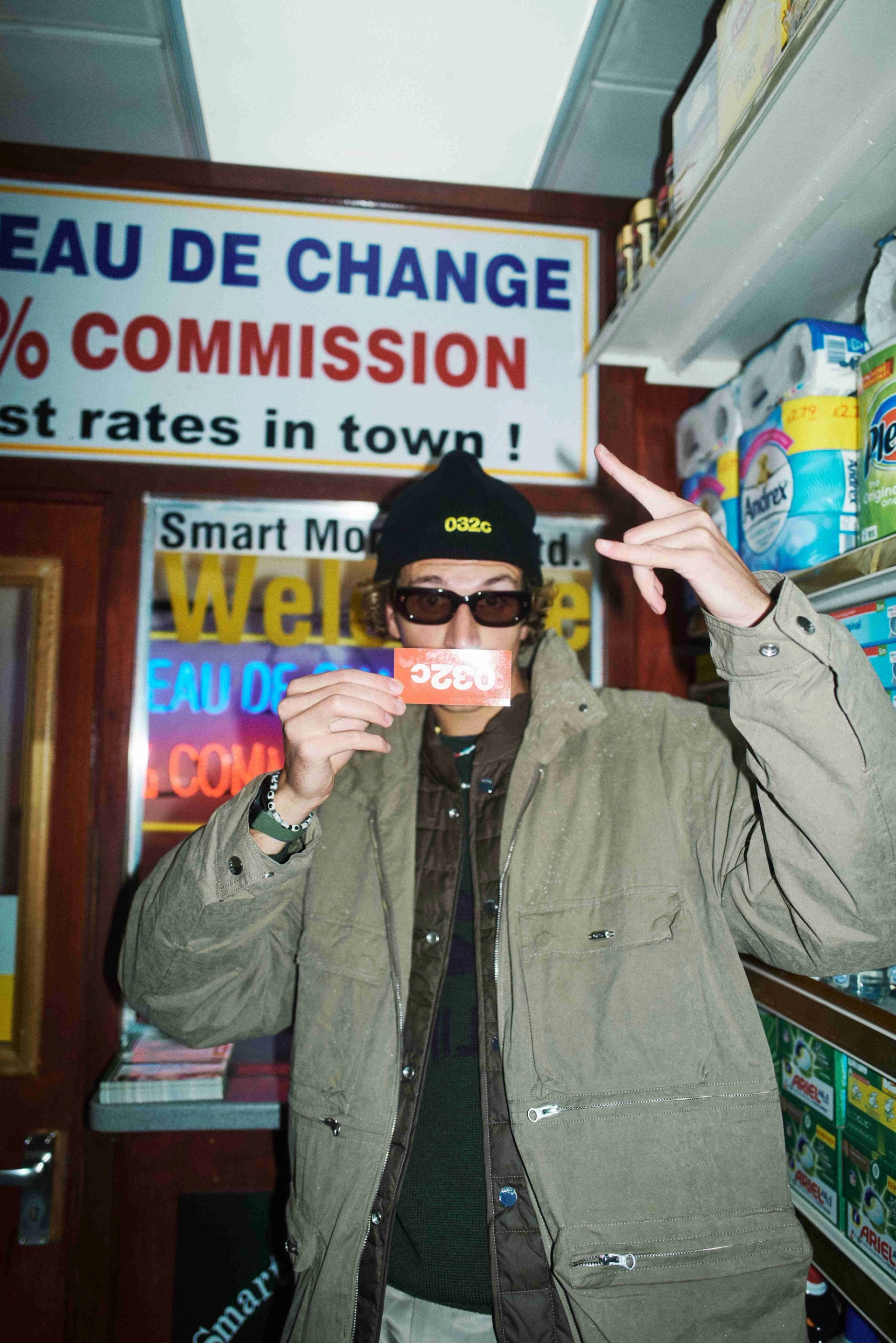 Colton in 032c Field Jacket, 032c Fuzzy 'Selfie' Pullover, and 032c Beanie