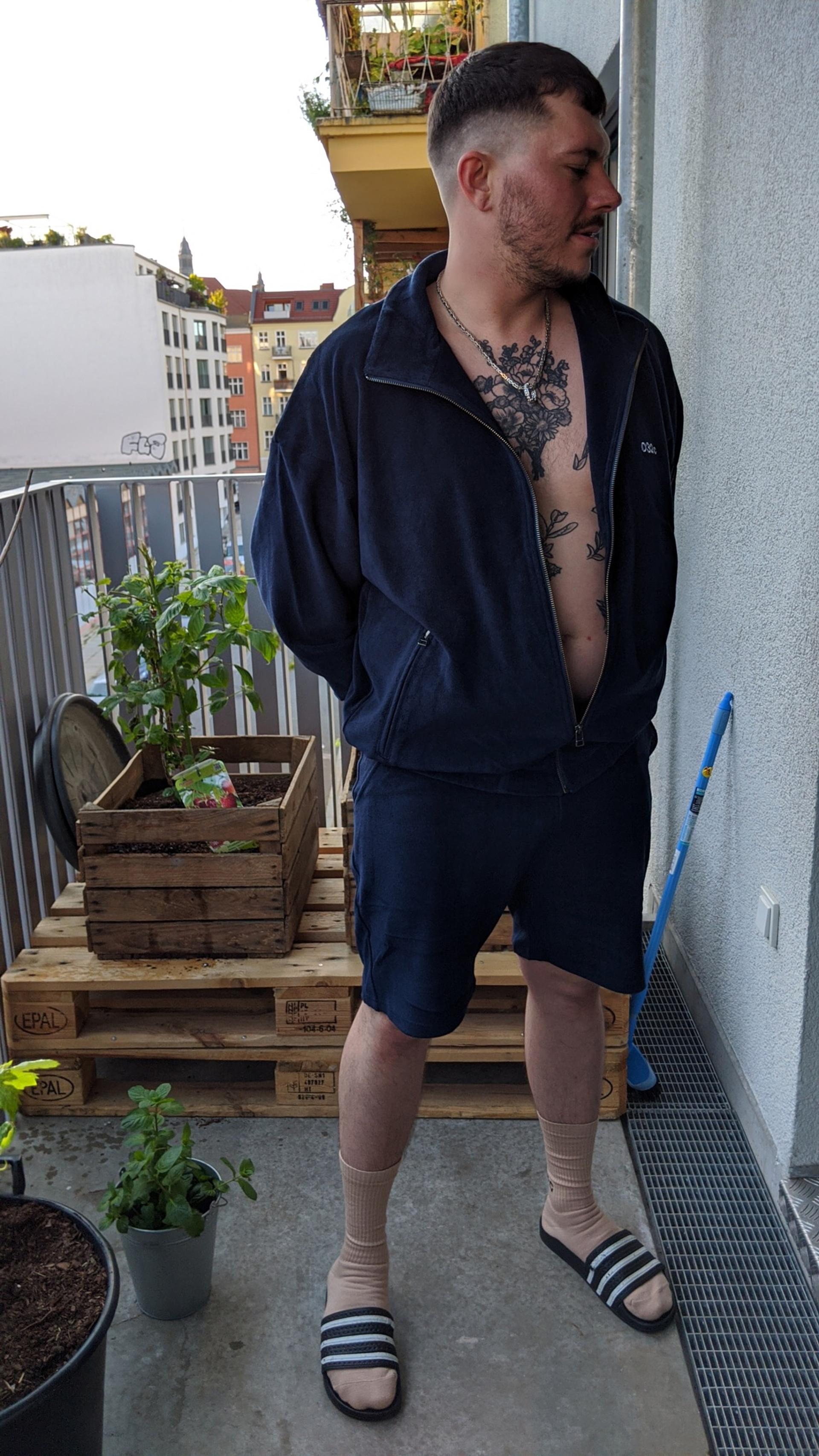 Parzival wears the 032c LoveSexDreams Terry jacket and shorts in blue.