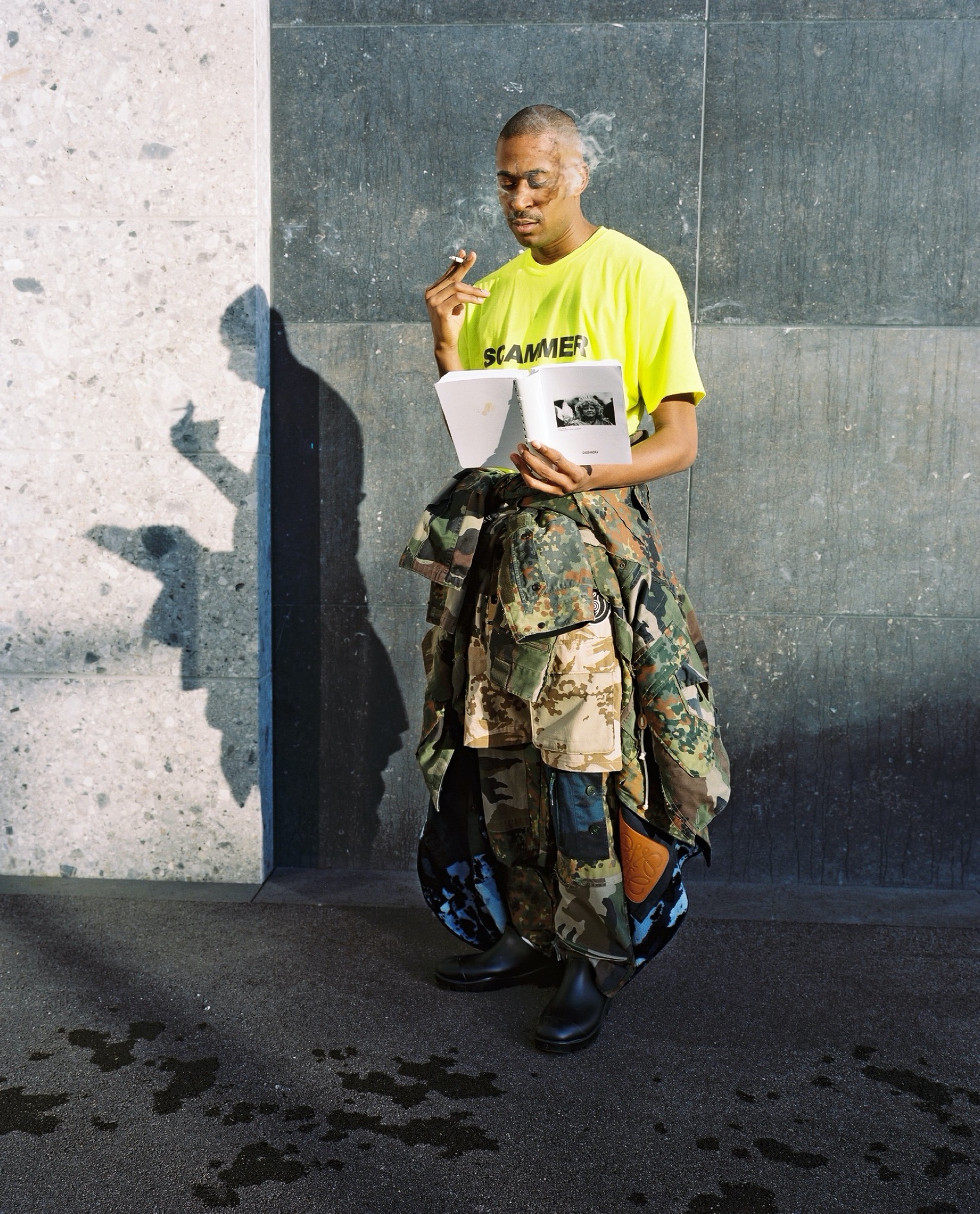 t-shirt AMNESIA SCANNER jackets, pants, and shorts LOEWE shoes JOSH’S OWN book CASSANDRA PRESS