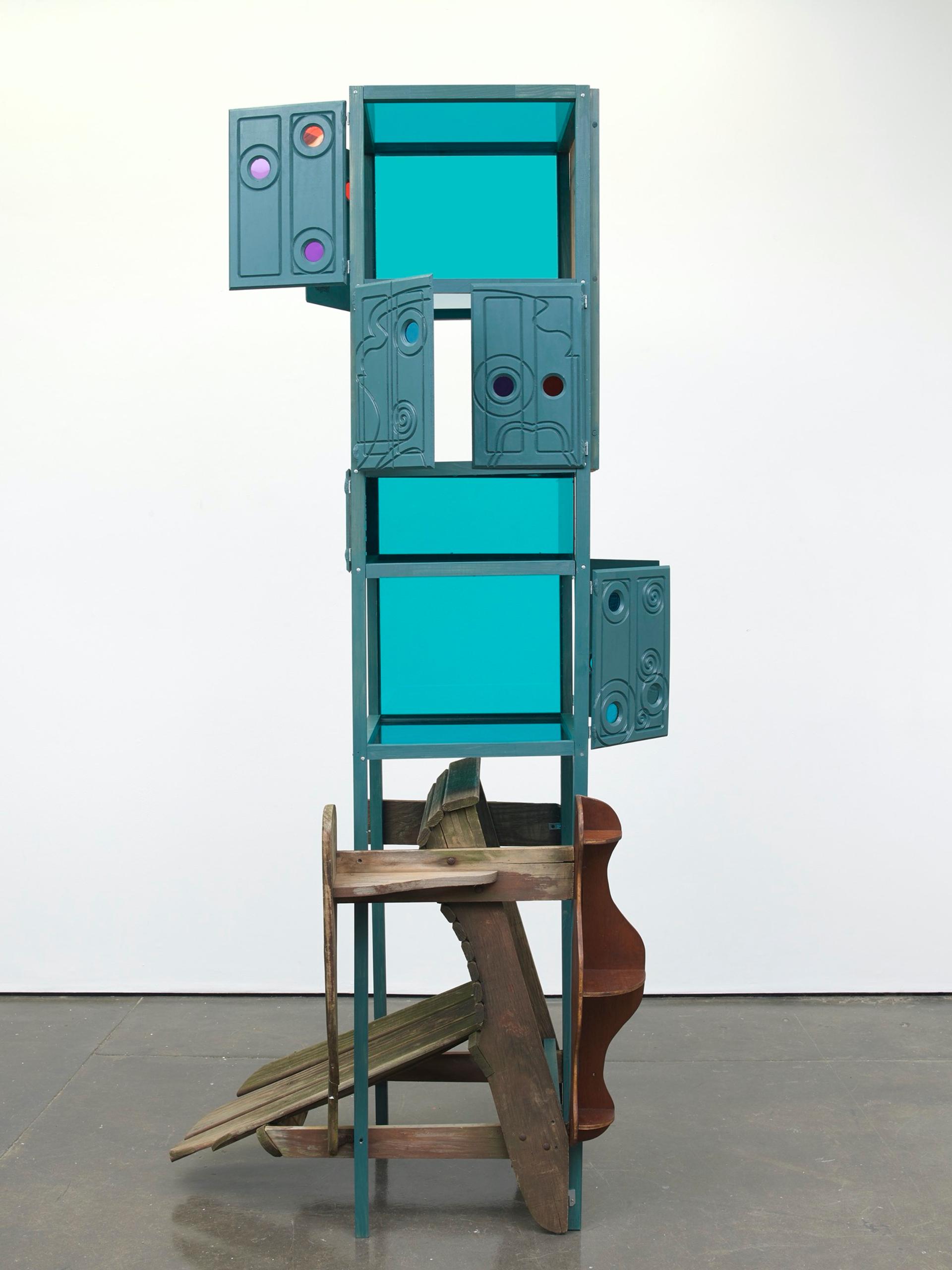 Jessi Reaves, NY state cabinet, 2019. Wood, plexiglass, paint, sawdust, wood glue, hardware. 97 × 42 × 32 in. (246.38 × 106.68 × 81.28 cm) Courtesy the artist, Herald St, London and Bridget Donahue NYC. Photo: Andy Keate.