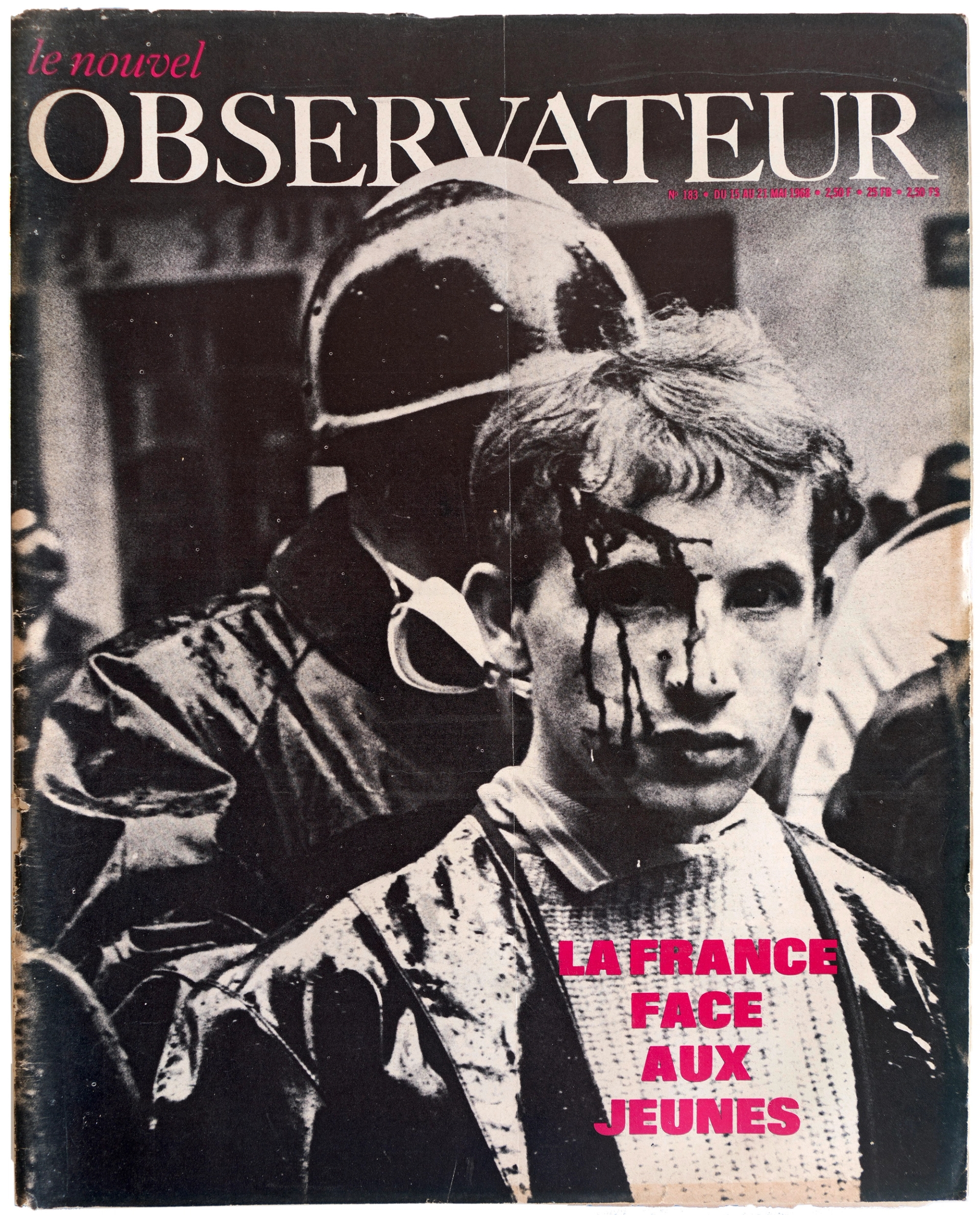 The three distinct deictic image acts give a characteristically different account of the subject: The mediatized point of view portrays the protagonist of the barricade in terms of human interest. In a deictic act dominated by a moralizing and psychologizing narrative, the suffering individual is made present. 

Magazine cover, Le nouvel Observateur, Paris May 1968.