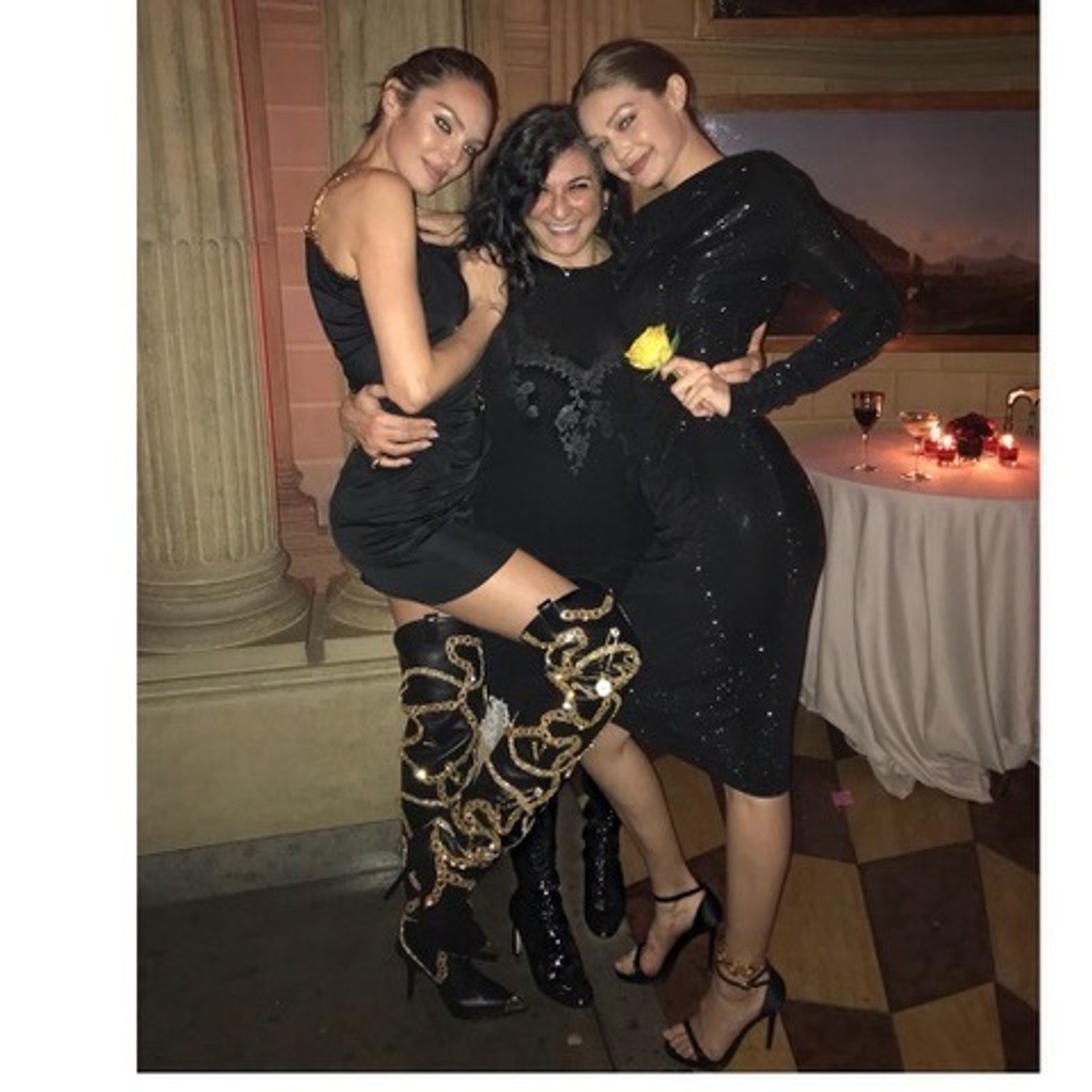 Candice Swanepoel, Sophia Neophitu, Gigi Hadid at the Versace After Party, Milan 2019