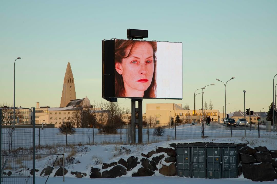 During the first four days of January 2025, portraits of Isabelle Huppert, taken by Roni Horn as part of her Portrait of an Image (with Isabelle Huppert) series from 2004, replaced advertisements on all digital billboards in Reykjavik. Photo courtesy of Y Gallery.