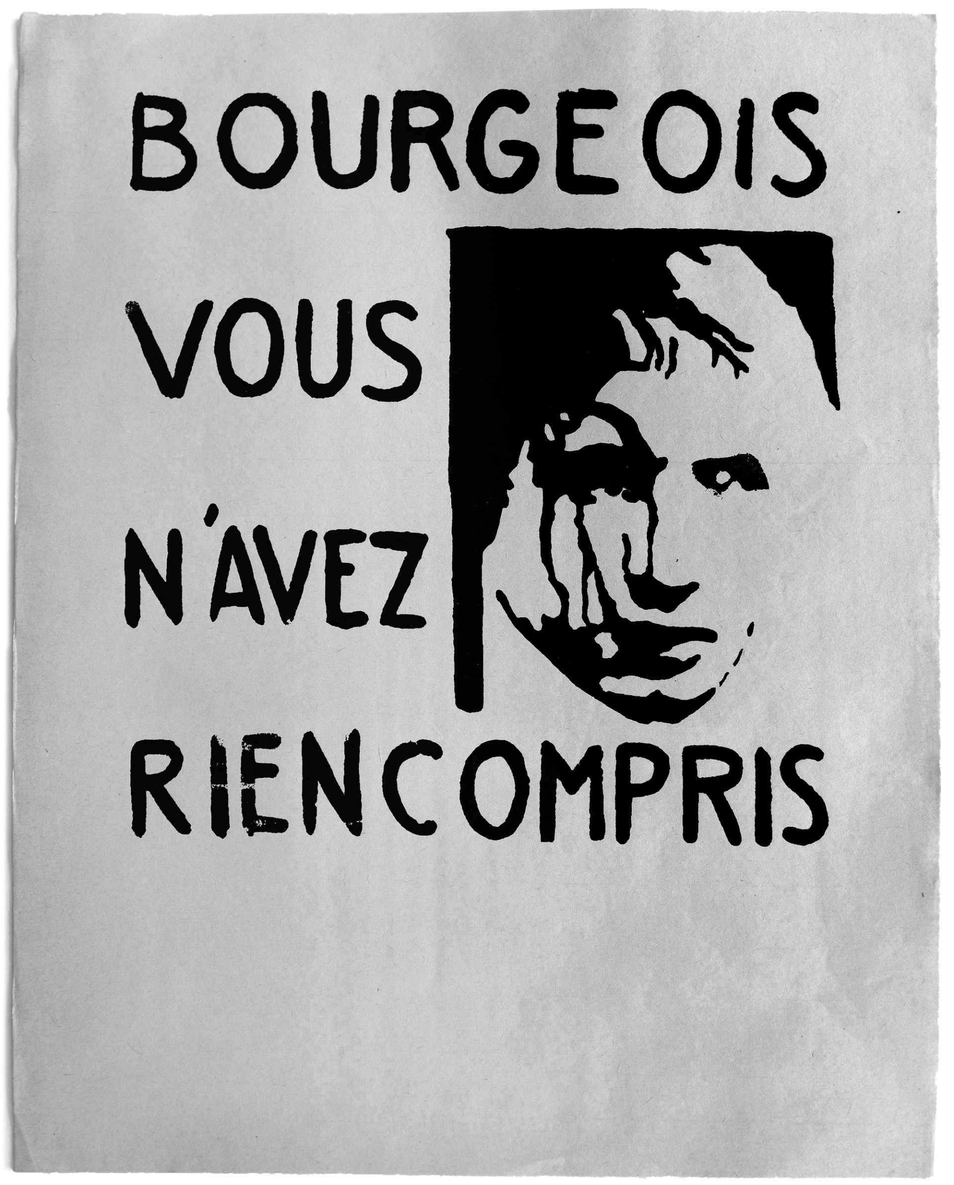 The insurgents' inner perspective of revolt counteracts the claim to create identity by crossing out all faces or by abstracting the singular face. The acting person becomes generic and thus stands for the revolutionary subject. 

Silkscreen poster, Atelier Populaire, Paris May 1968, inspired by the Situationists.