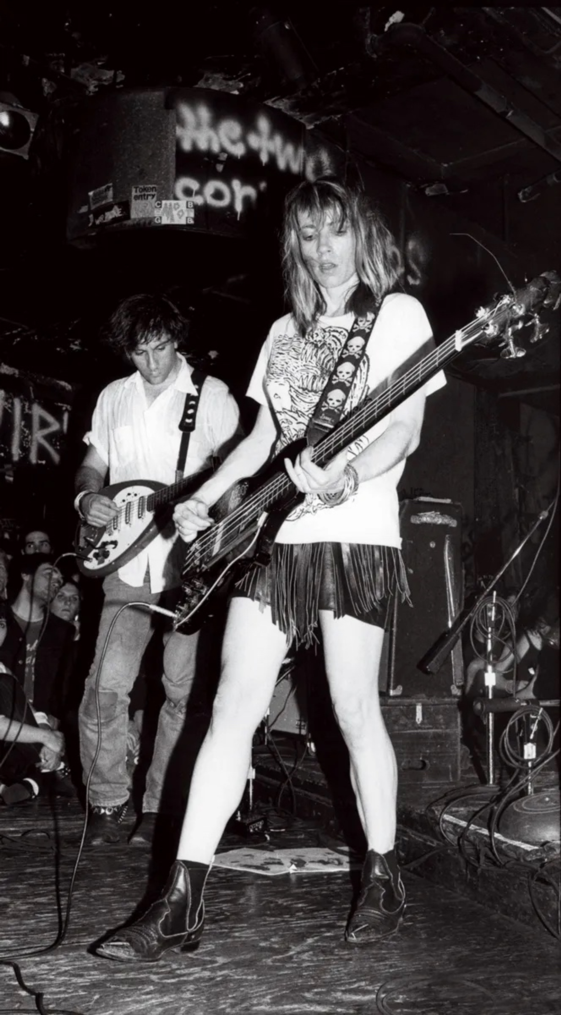 Kim Gordon and Lee Ronaldo on stage at CBGB, shot by Ebet Roberts, 1986.