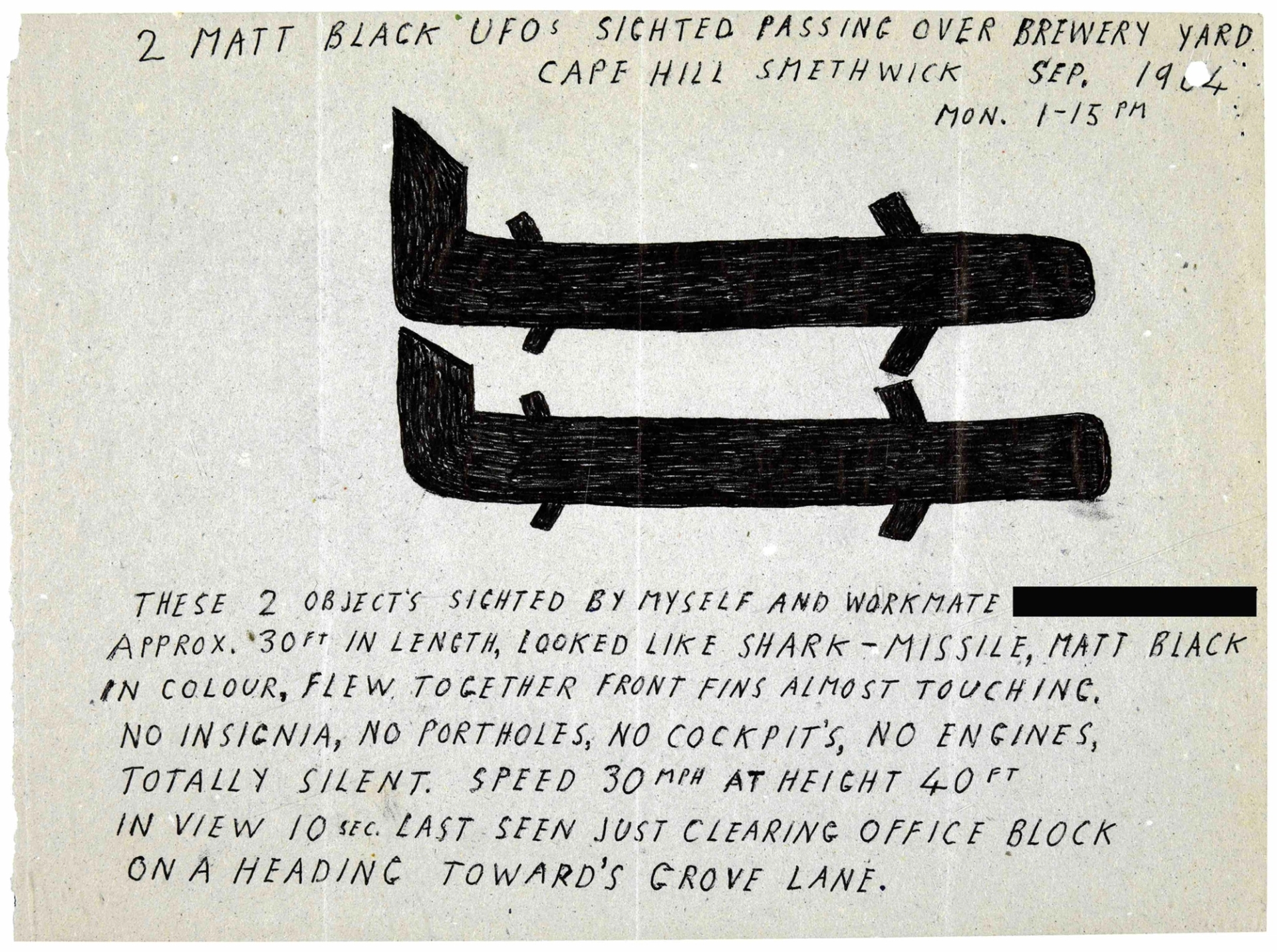 "Matt black UFOs" seen near Smethwick in the West Midlands, 1954. Image courtesy of the British National Archives.