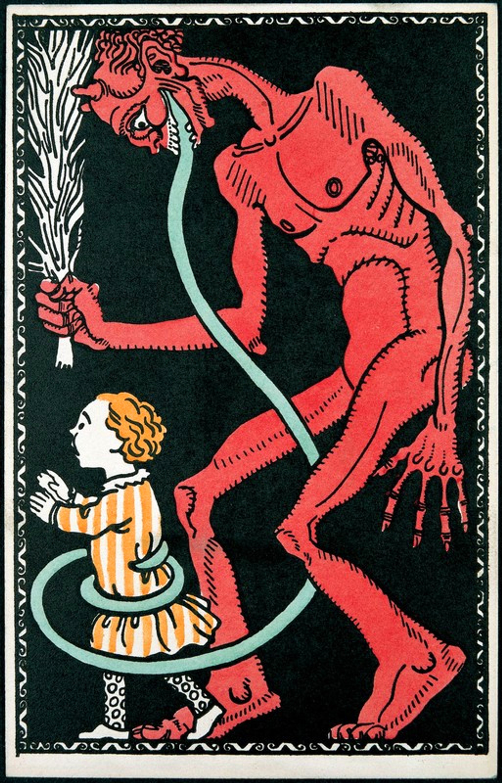 "Krampus mit Kind" postcard circa 1911. Artist unknown.