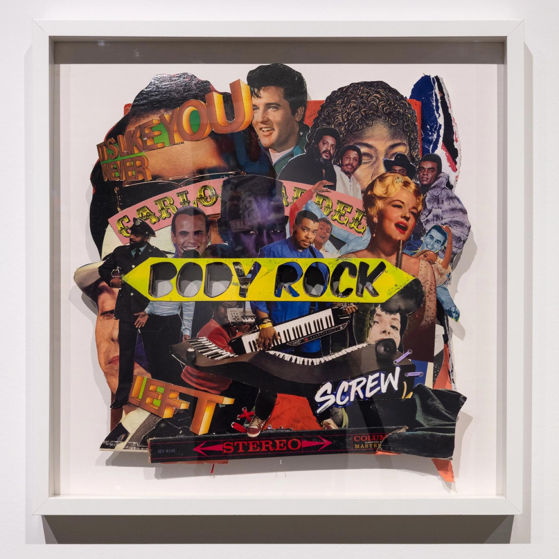 Mixed media collage by Robert Hodge, in "Slowed and Throwed: Records of the City Through Mutated Lenses." Photo: Emily Peacock, 2020; courtesy of the Contemporary Arts Museum Houston (CAMH)