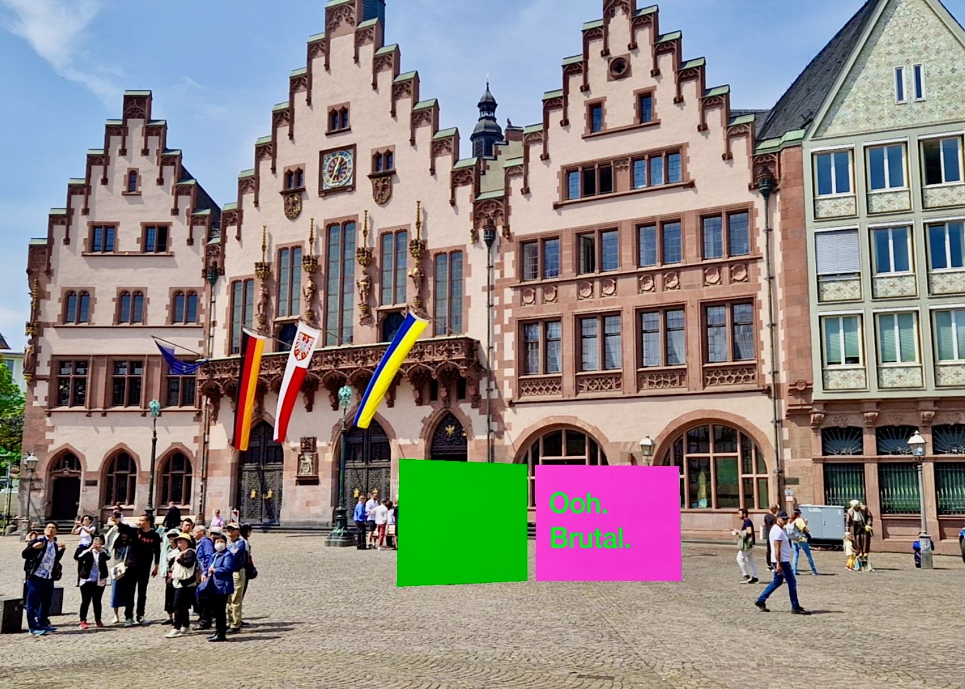 Tony Cokes, “SM BNGRZ 02.01” (2021) for “DEMO,” Frankfurt, Germany. Installation view taken through WAVA app