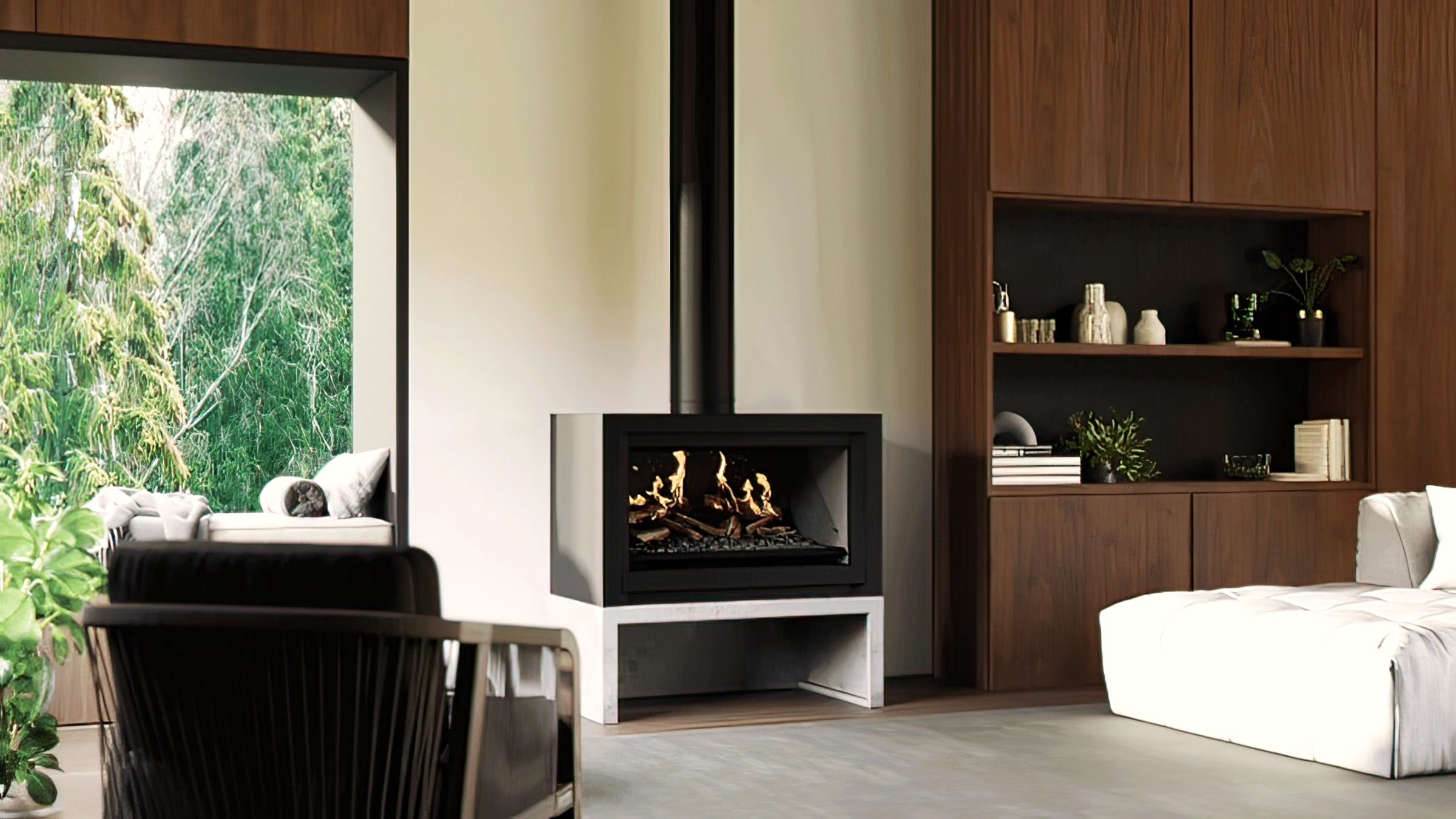 Modern living room with a built-in gas fireplace installed by Aotea Plumbing & Drainage