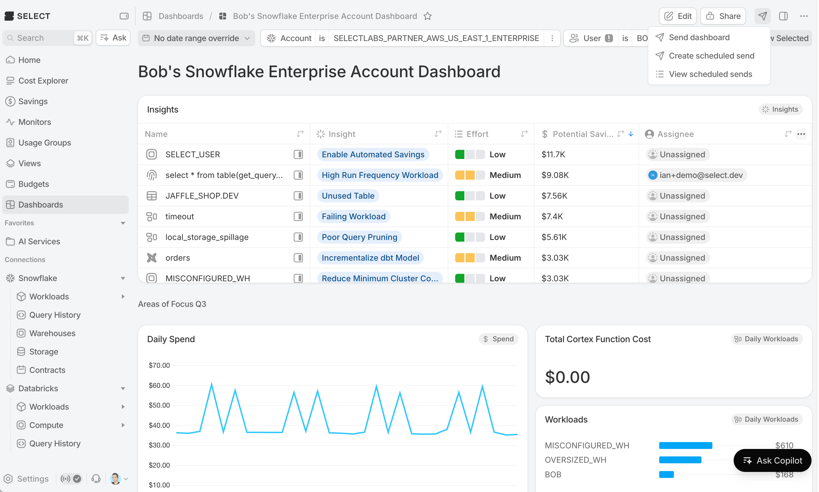 send dashboard options