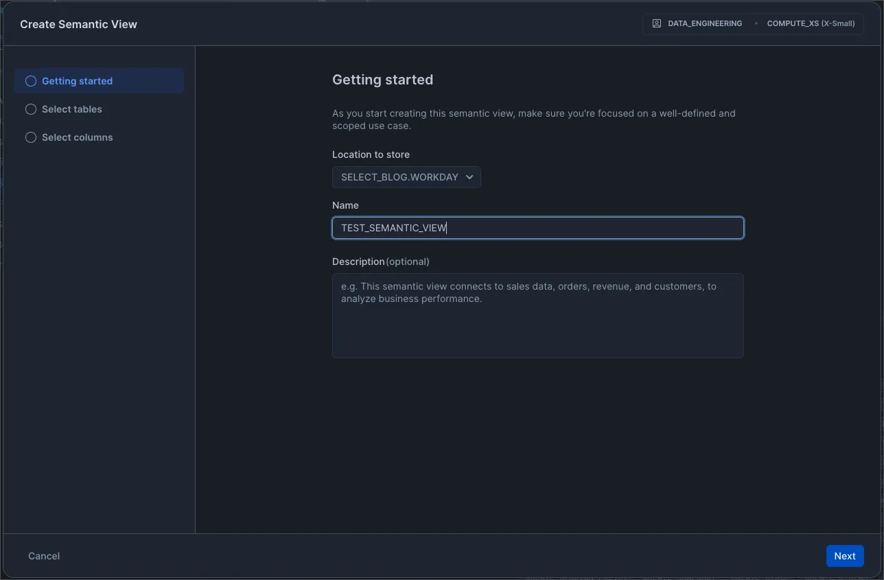 Create Semantic view in Snowflake snowsight