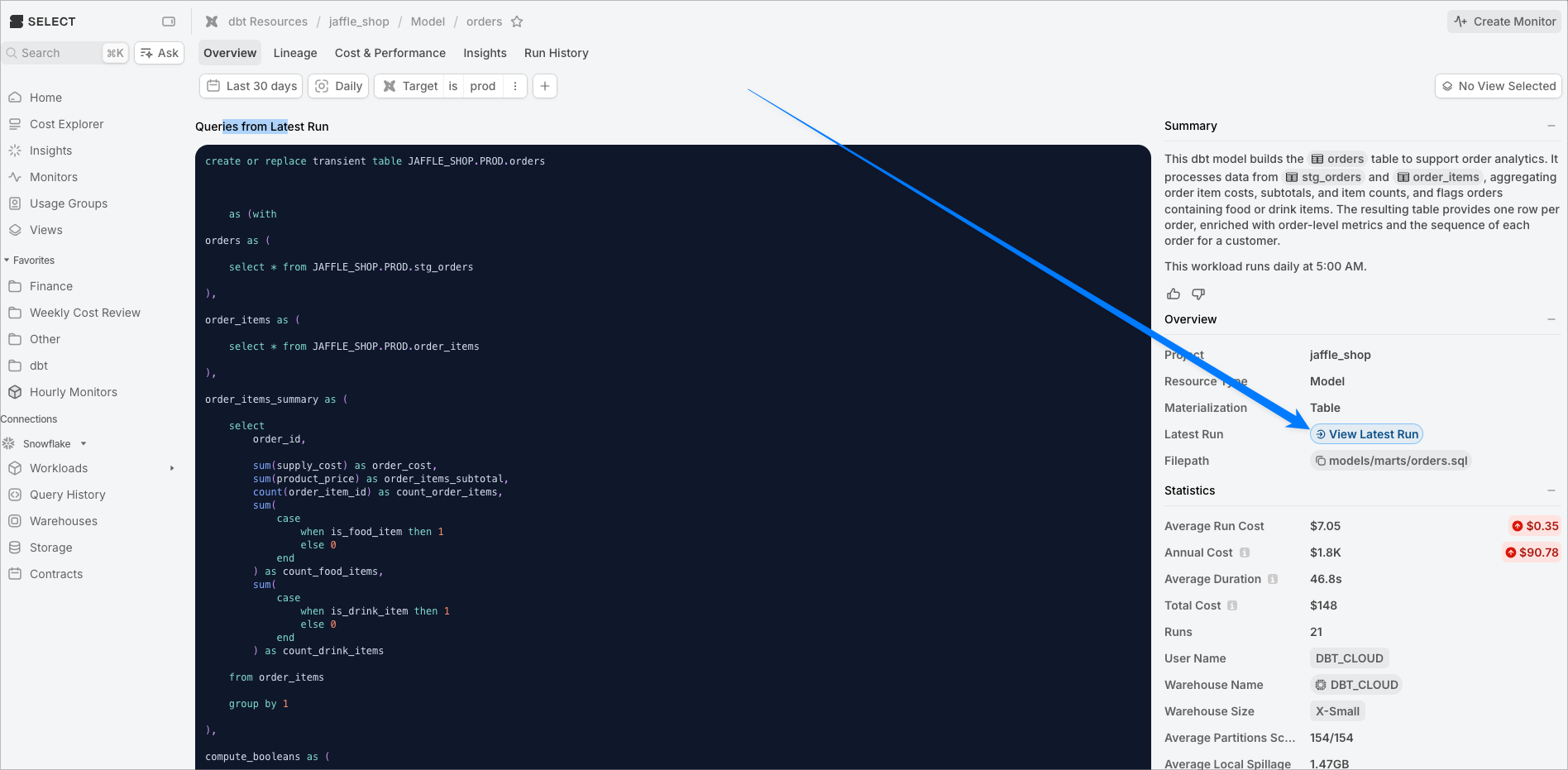 Workload detail page with the "view latest run" link in the right sidebar