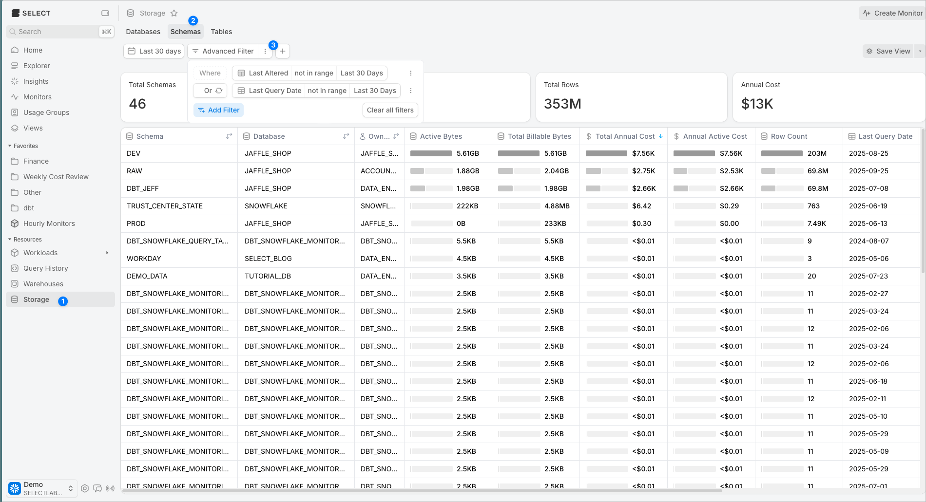 Schemas tab filtered to schemas not queried or altered in the last 30 days