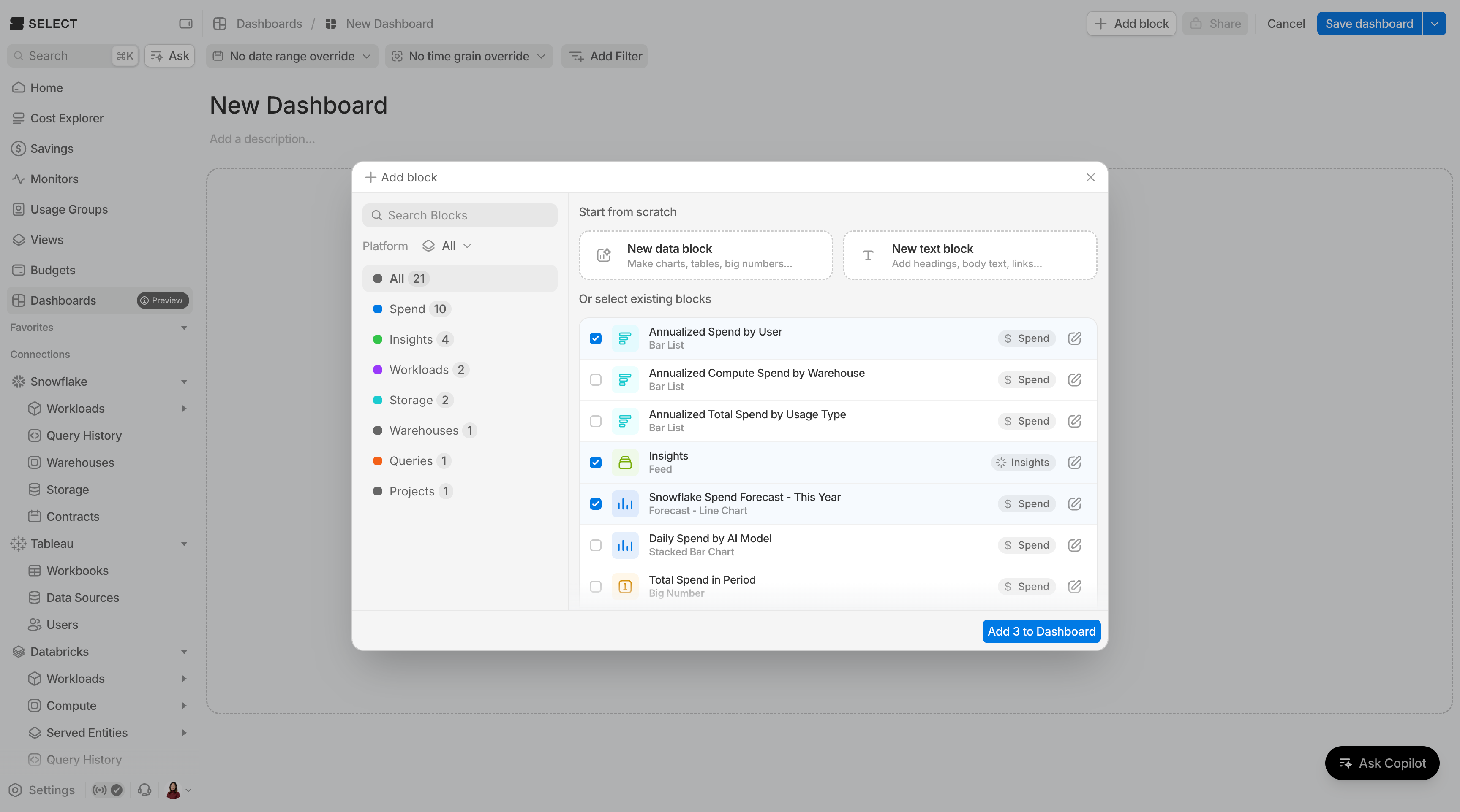New add block modal open with 3 options selected.