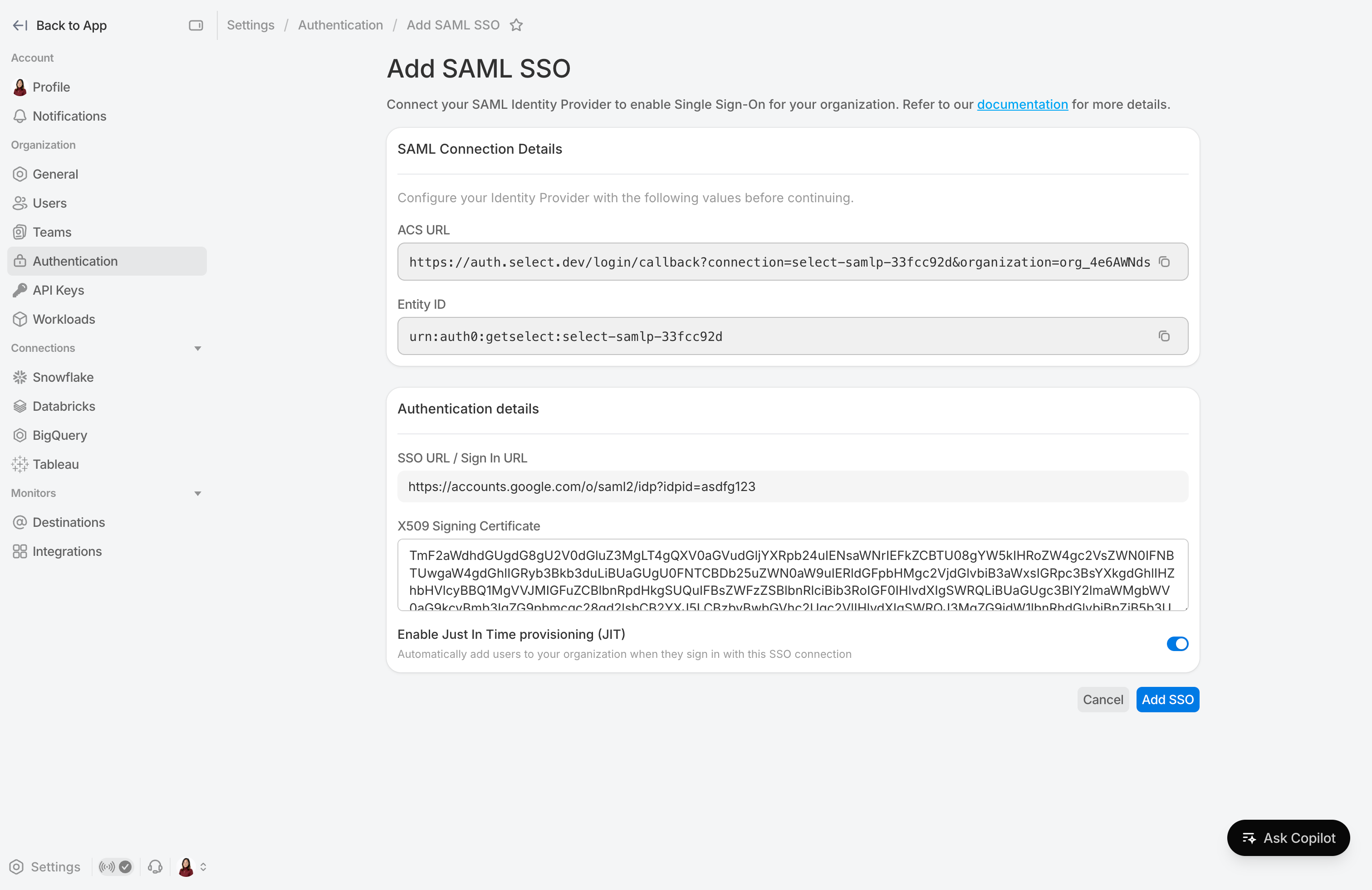 Add SAML connection form filled