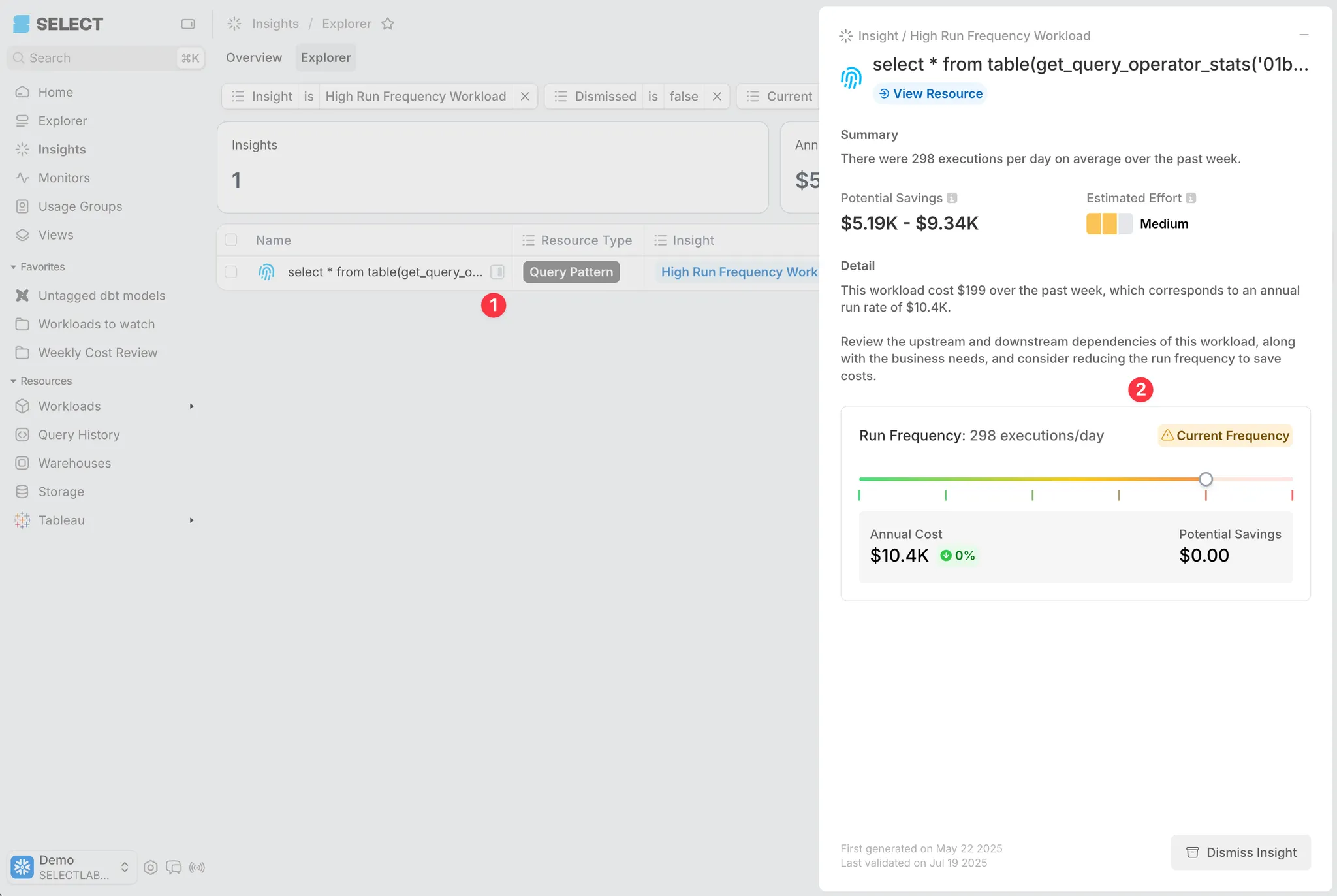 SELECT Insight: Reduce run frequency of Snowflake job to save