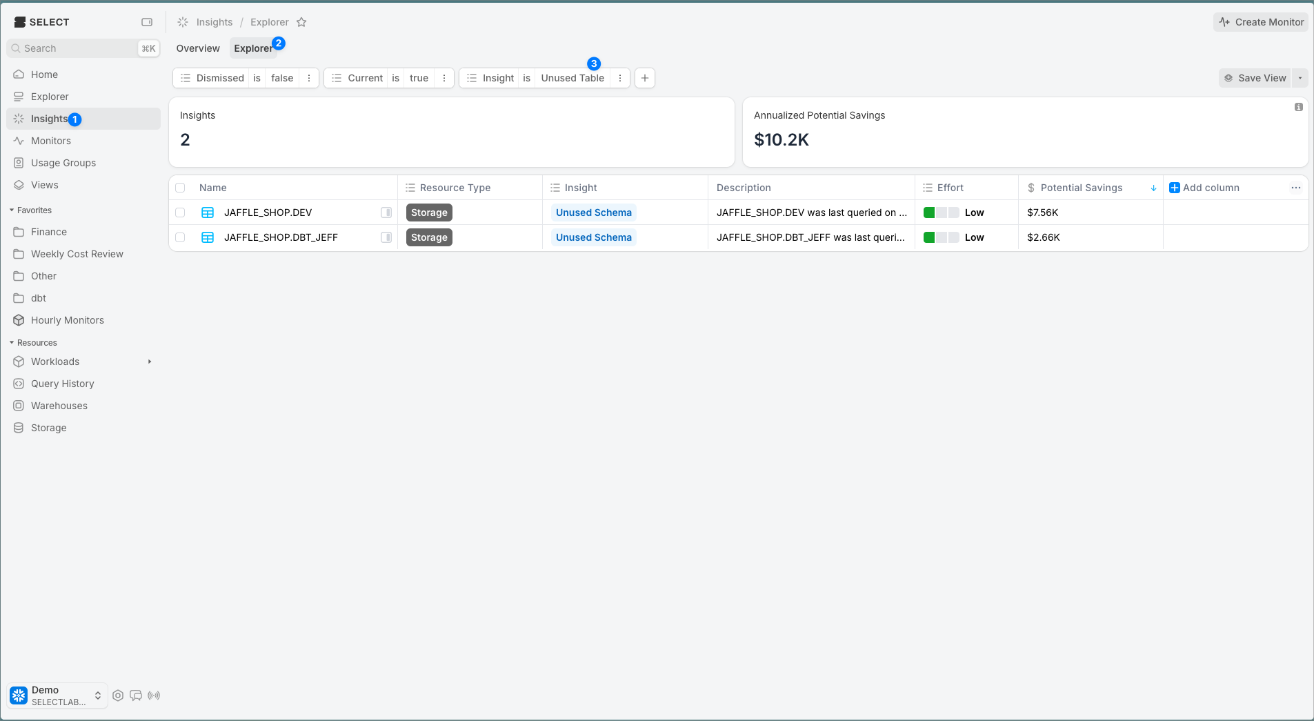 Insights Explorer tab filtered to the "Insight is Unused Table" condition