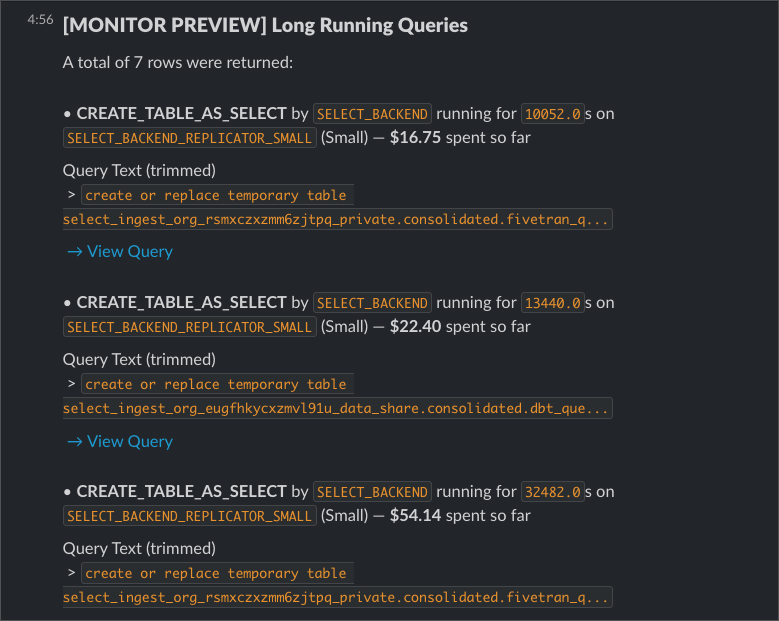 Slack alert from a Custom SQL Monitor showing long-running query details with a link to Snowflake
