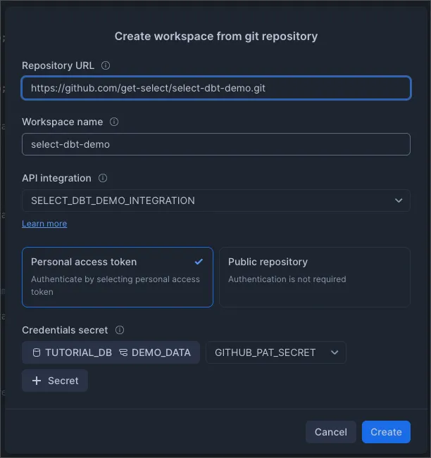 Snowflake Create workspace from git repository