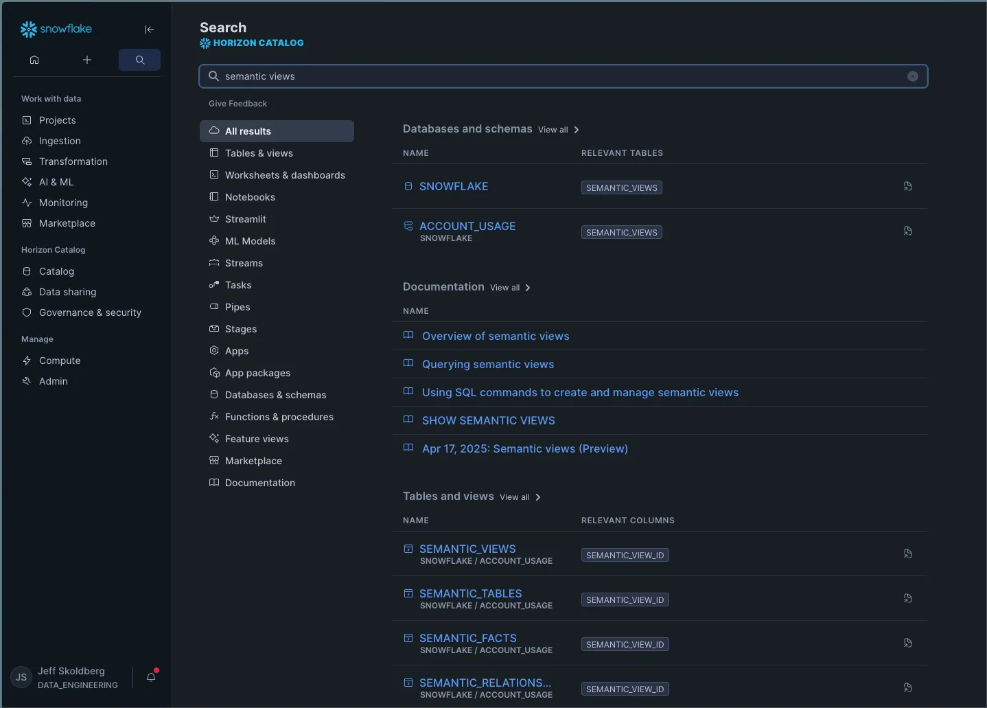 Snowflake global search feature in Snowsight