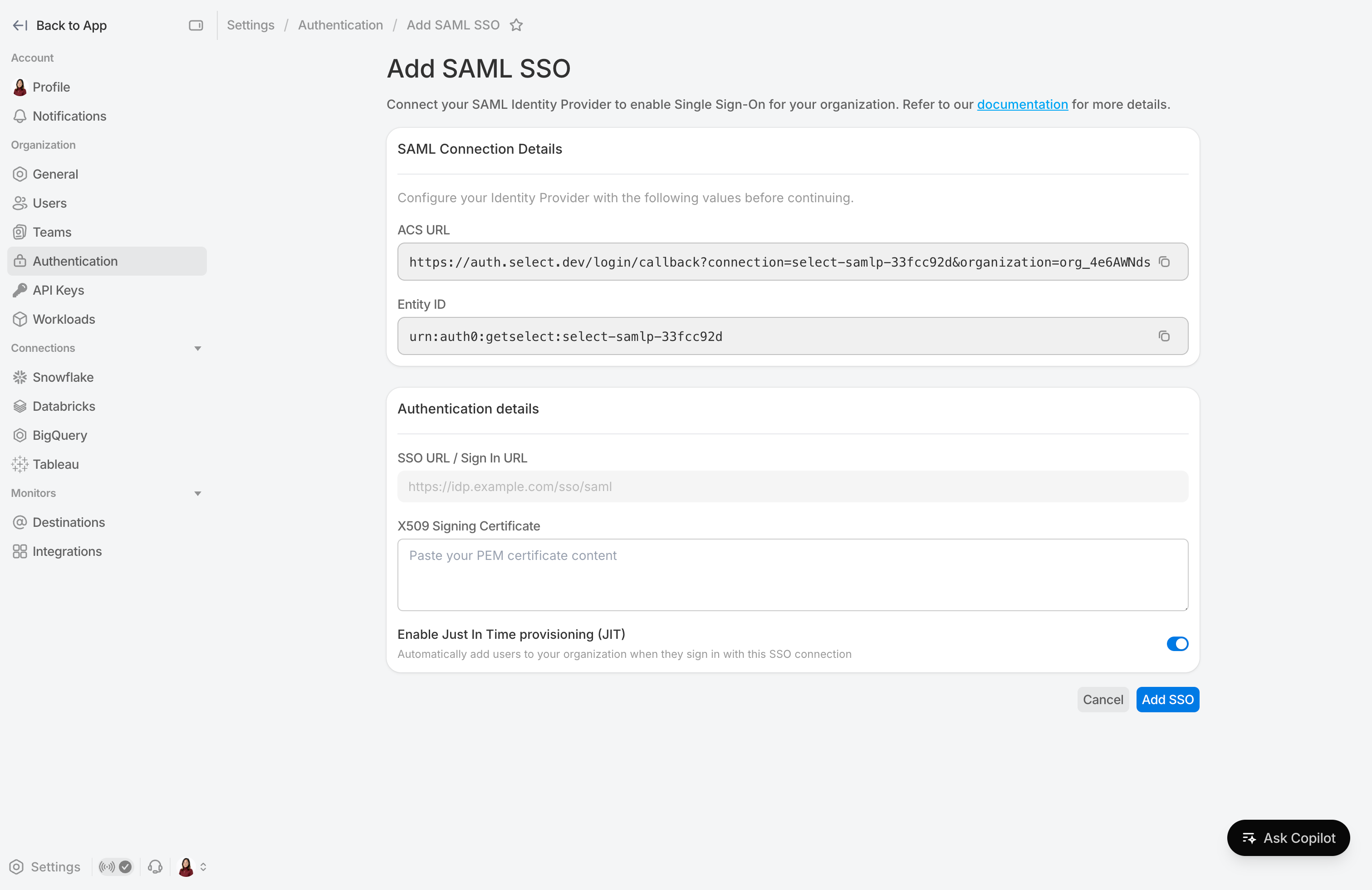 Add SAML connection details