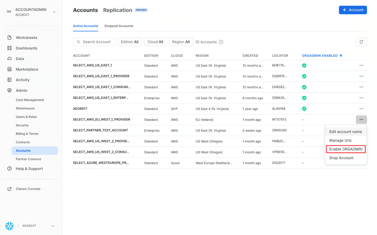 Snowflake organization admin role