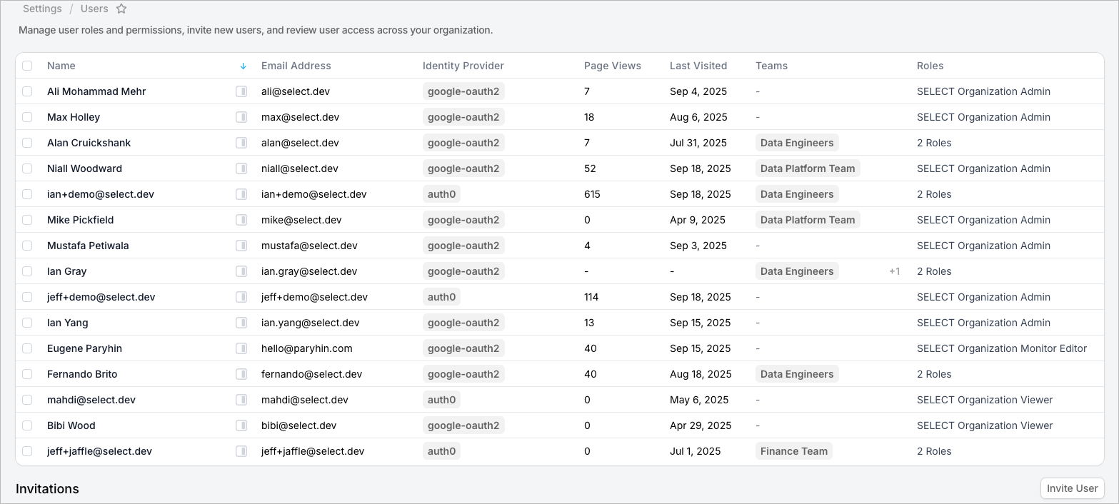 Settings → Users page listing team members, page views, and last-visited dates
