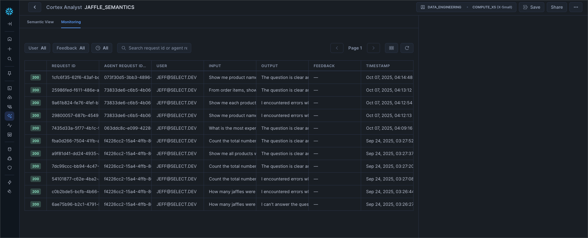 Monitor usage on a semantic view