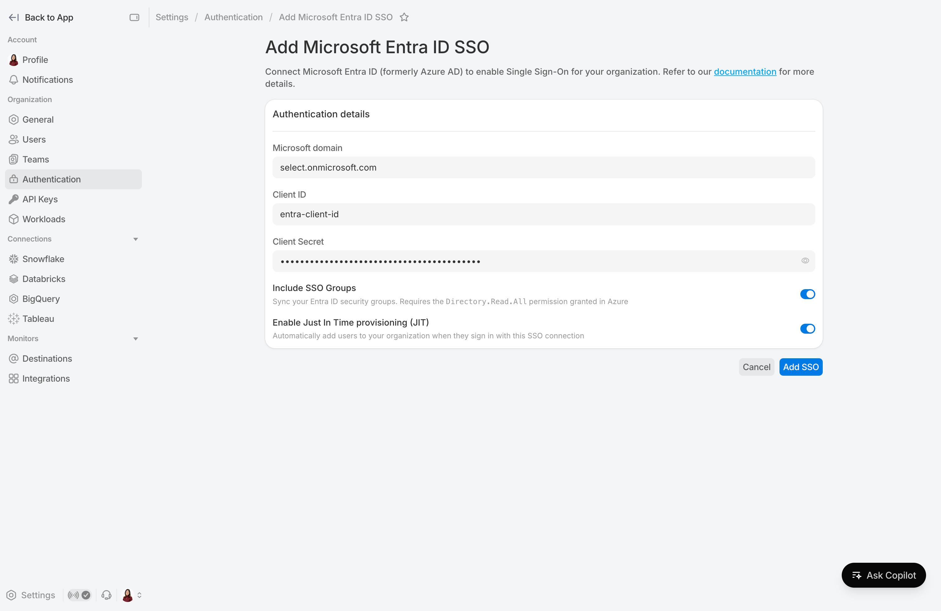 Add Microsoft Entra ID SSO form