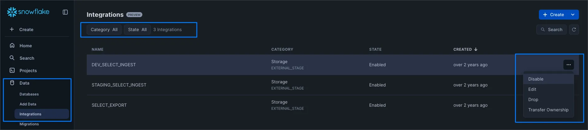 Create an Integration in the Snowsight UI in Snowflake