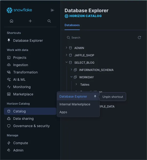 Snowflake pin shortcut in new sidebard