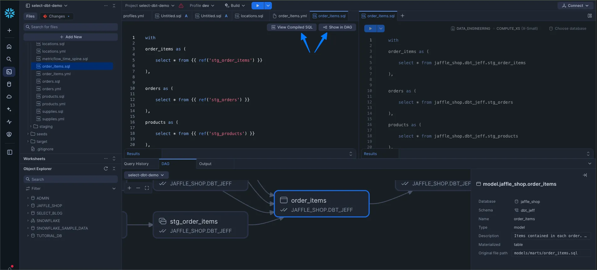 Show dbt DAG and show compiled SQL in Snowflake Workspaces