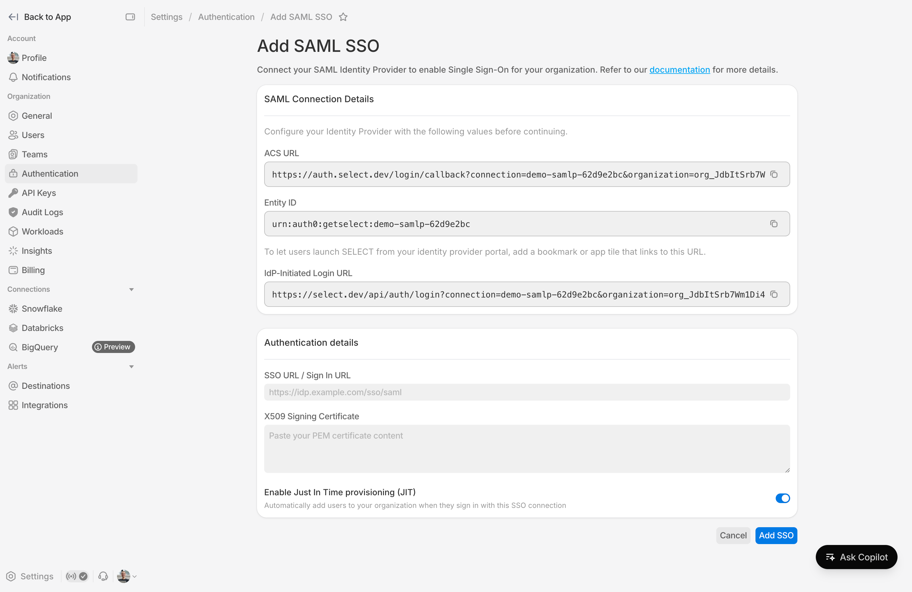 Add SAML connection details
