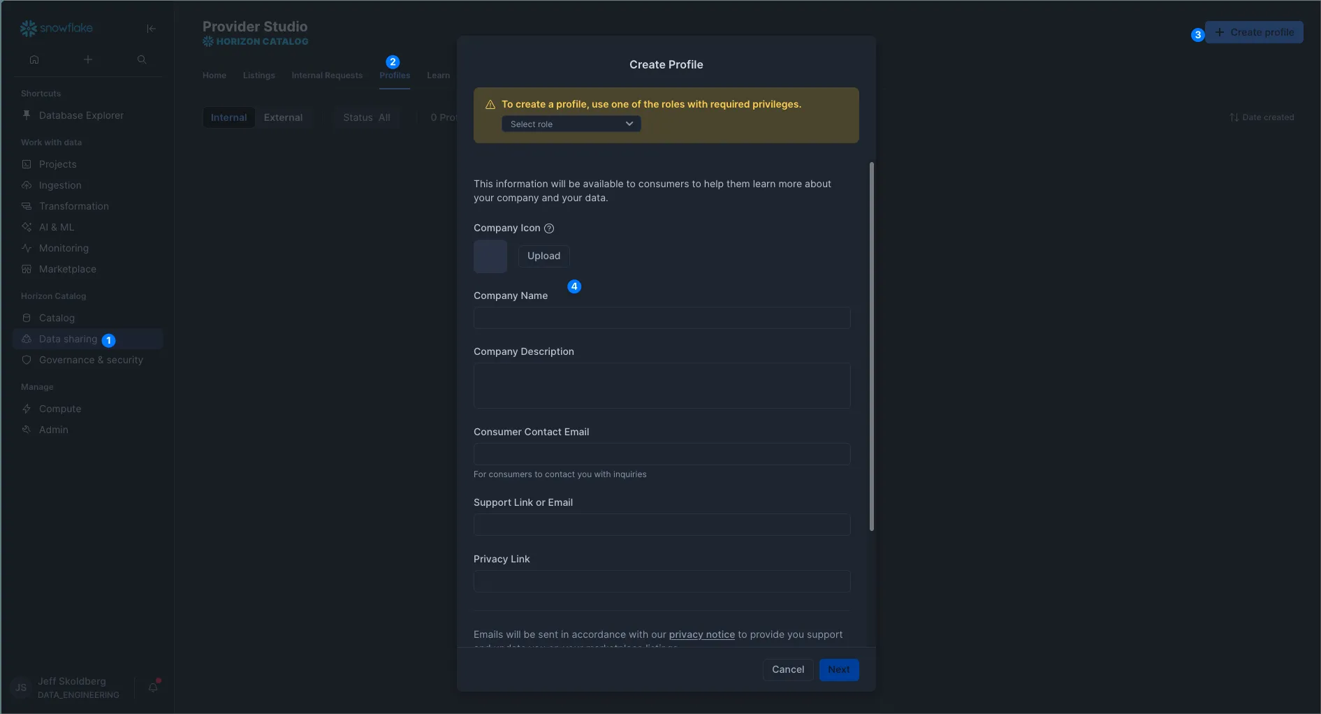 Org Profiles in Snowflake / Snowsight UI