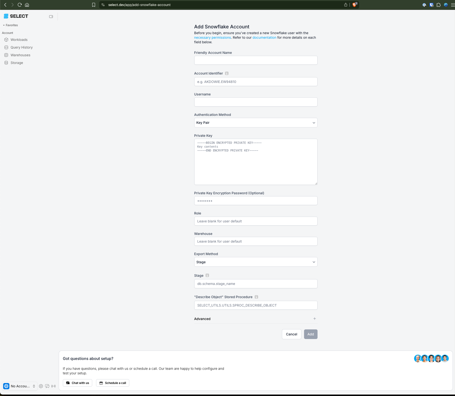SELECT connect Snowflake account