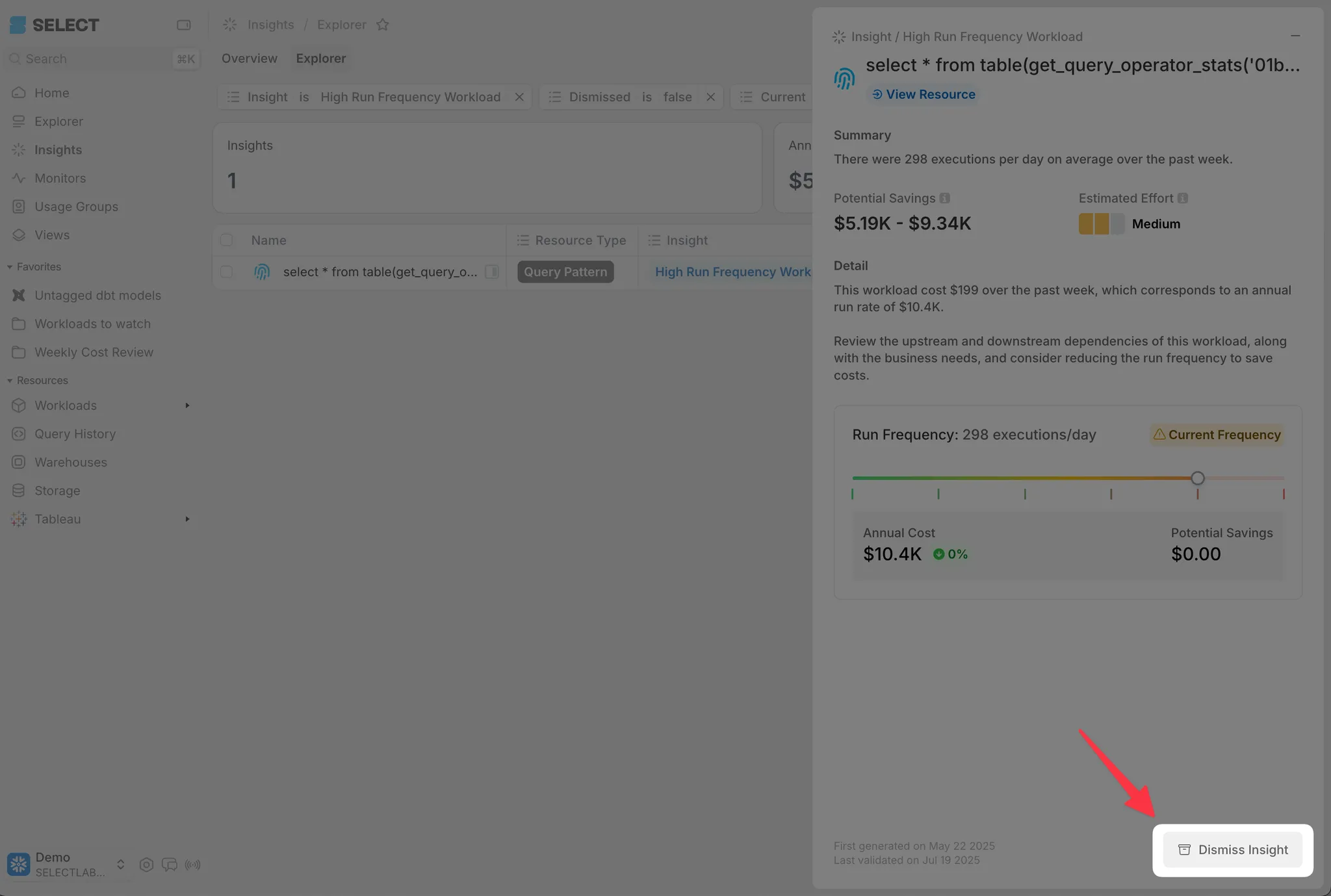 SELECT dismiss insights