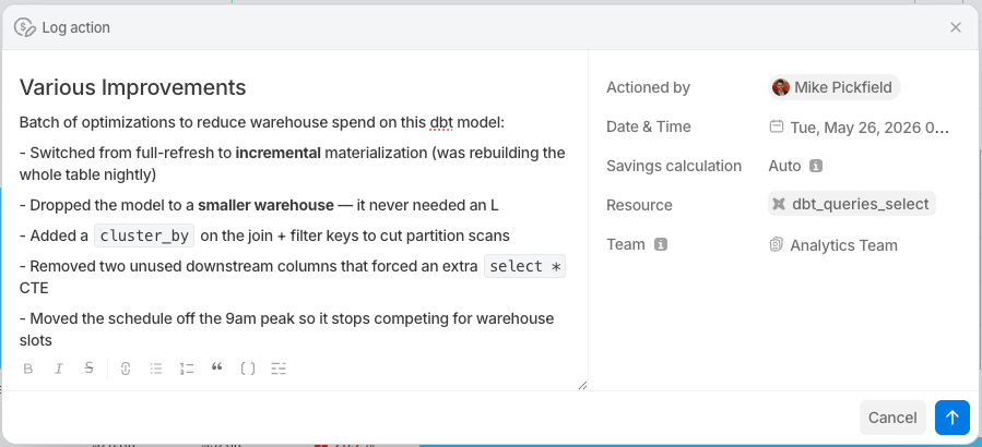 Fill out the 'Log action' modal with the details of what you changed