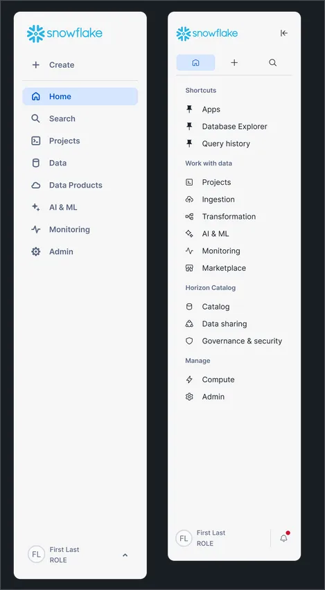 Snowflake Snowsight new vs old sidebar - side by side