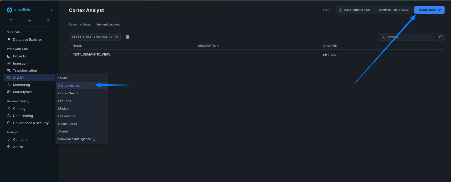 Create semantic view in Snowflake Snowsight Cortex Analyst