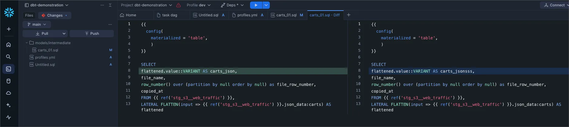 Snowflake Workspaces git diff side by side