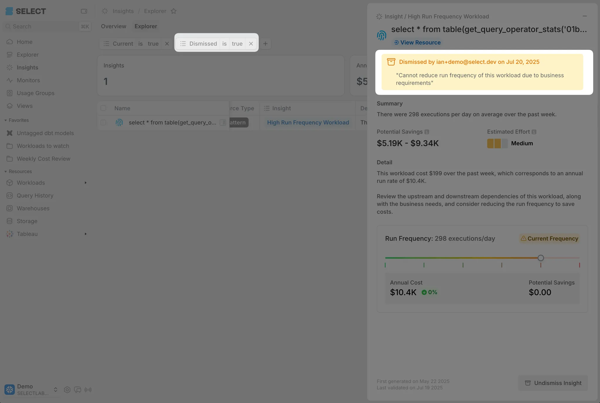 SELECT review dismissed insights