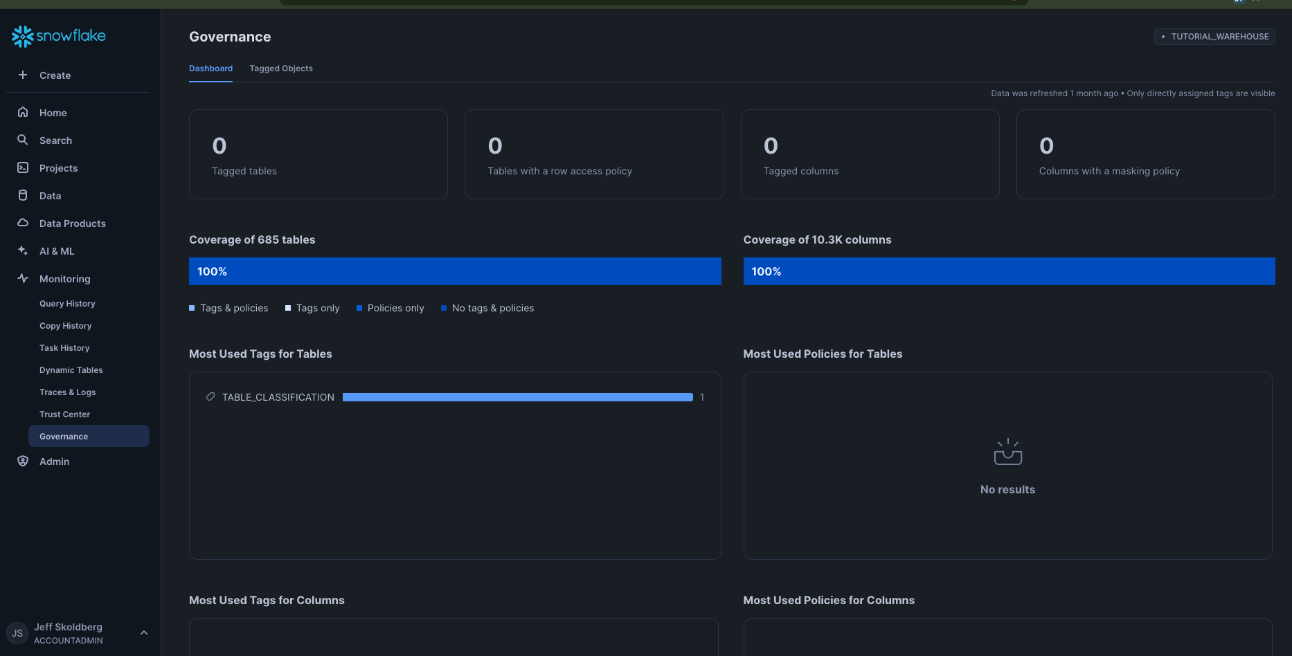 View tags in the Snowsight UI in the Monitoring / Governance side bar