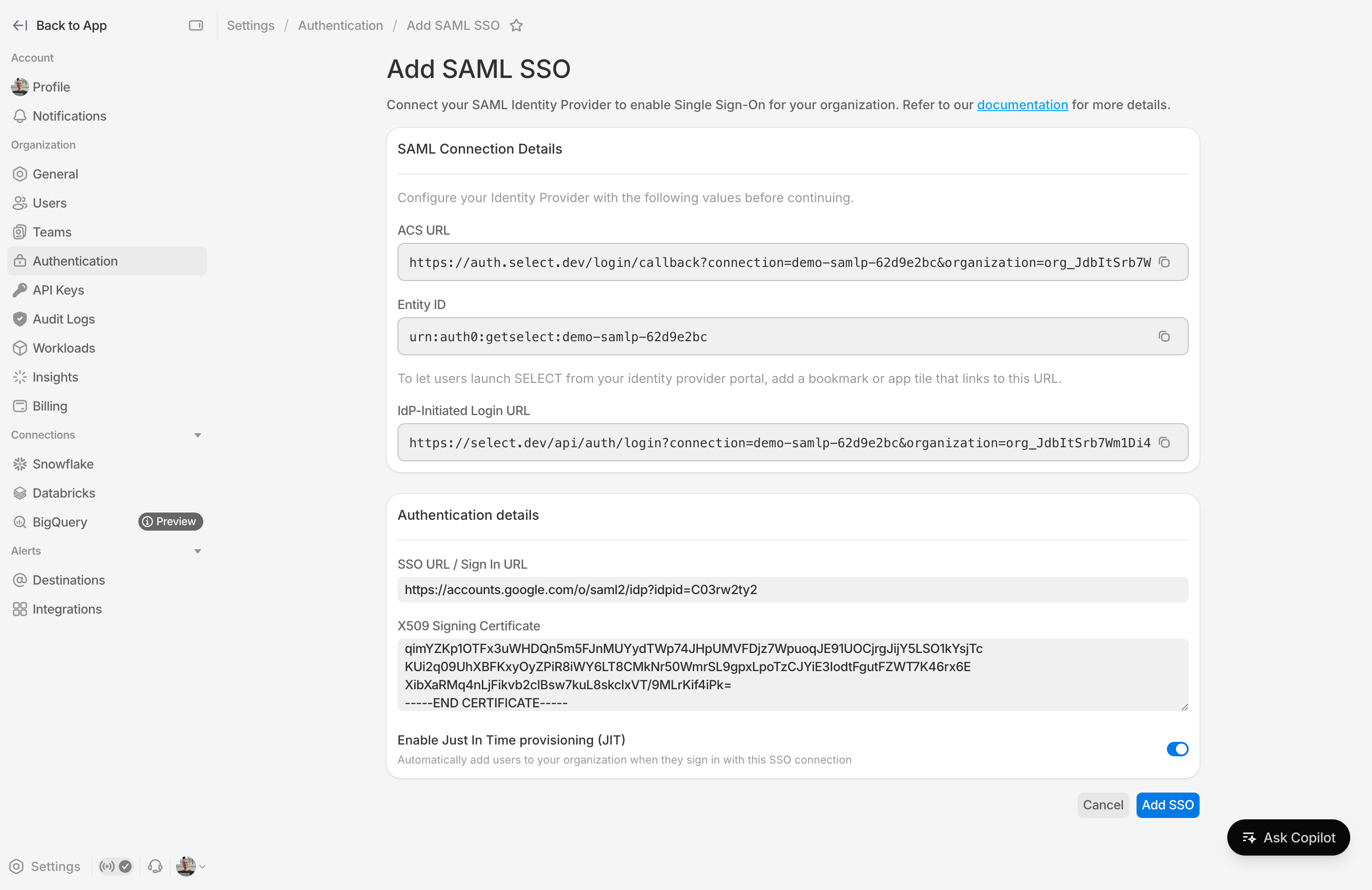 Add SAML connection form filled